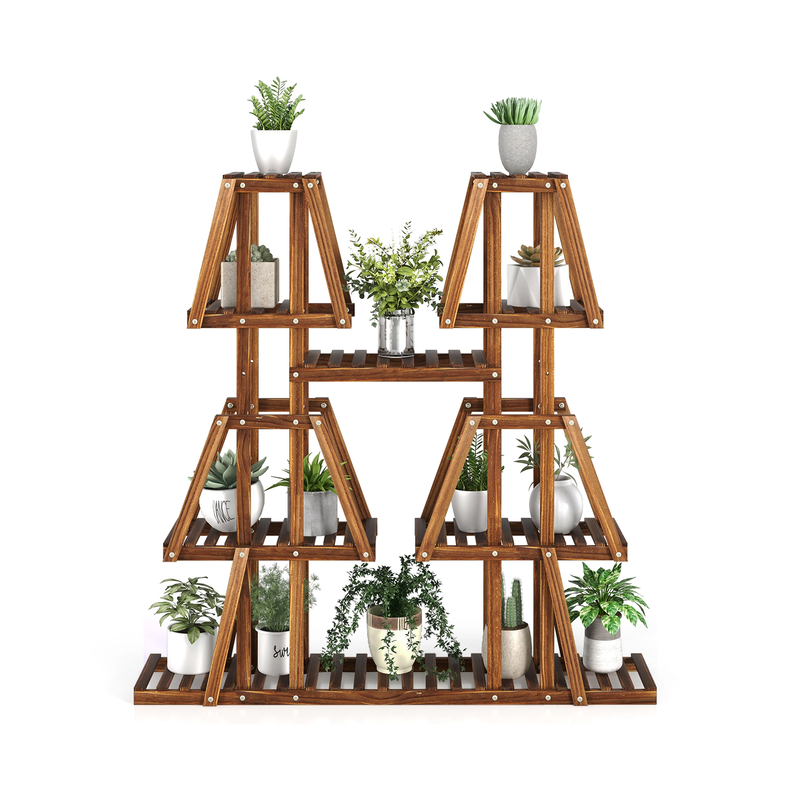 Slickblue Wooden 5 Tier Corner Plant Rack Brown Pine Wood Flower Shelf for Indoor Outdoor Use