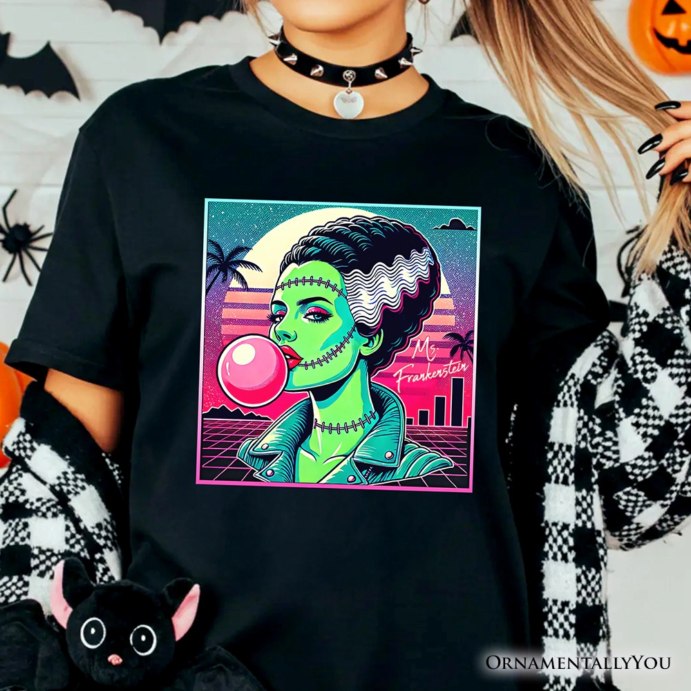 OrnamentallyYou Womens Vaporwave Mrs Frankenstein Retro Halloween T-Shirt