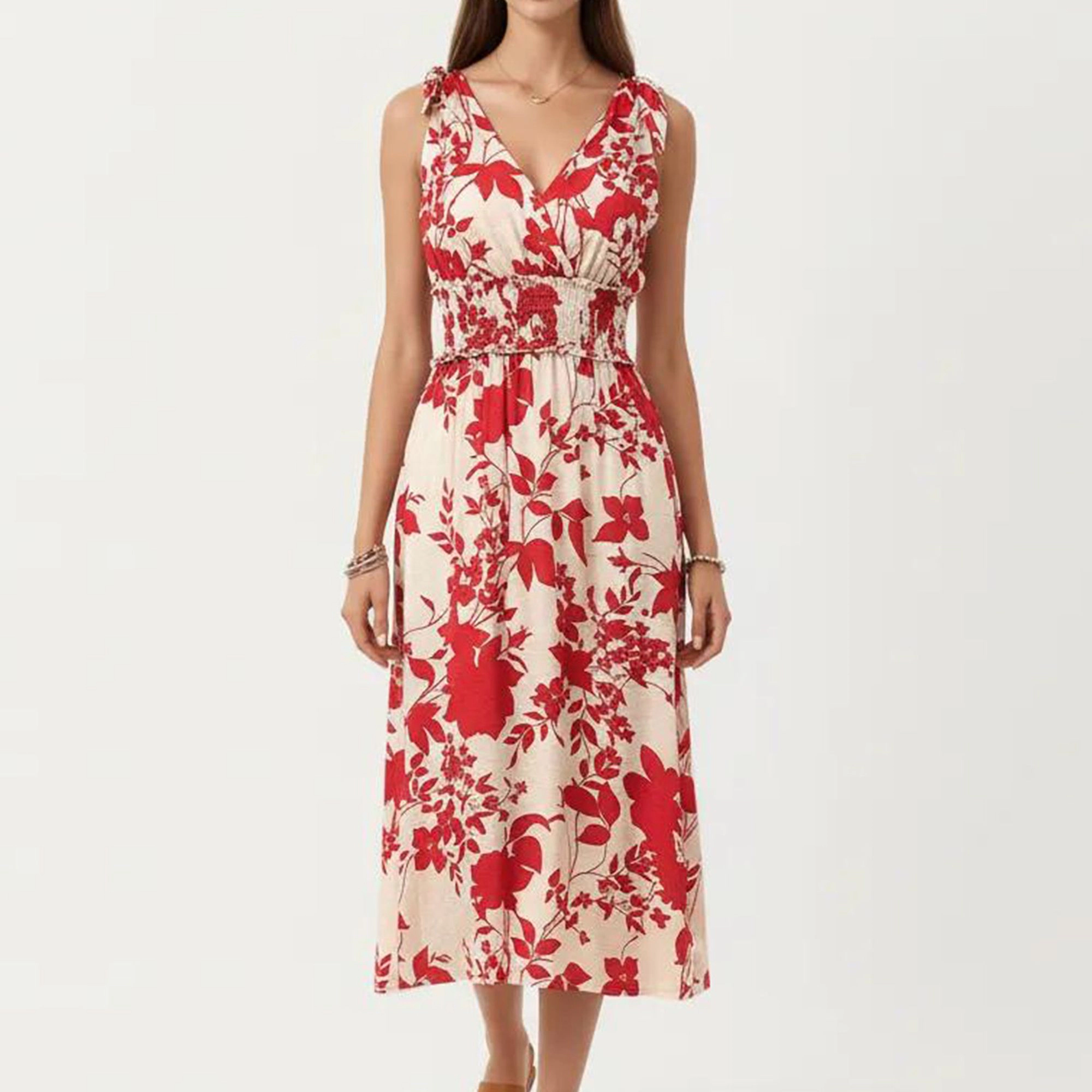 Anna-Kaci Women's Sleeveless V Neck Smocked Waist Flowing Skirt Midi Dress