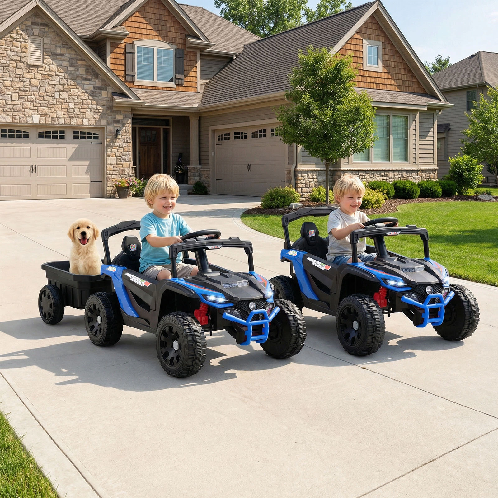 12V Kids Ride On Tractor with Detachable Trailer Parent Remote LED Headlights and Seat Belt Ages 3+ Black and Blue