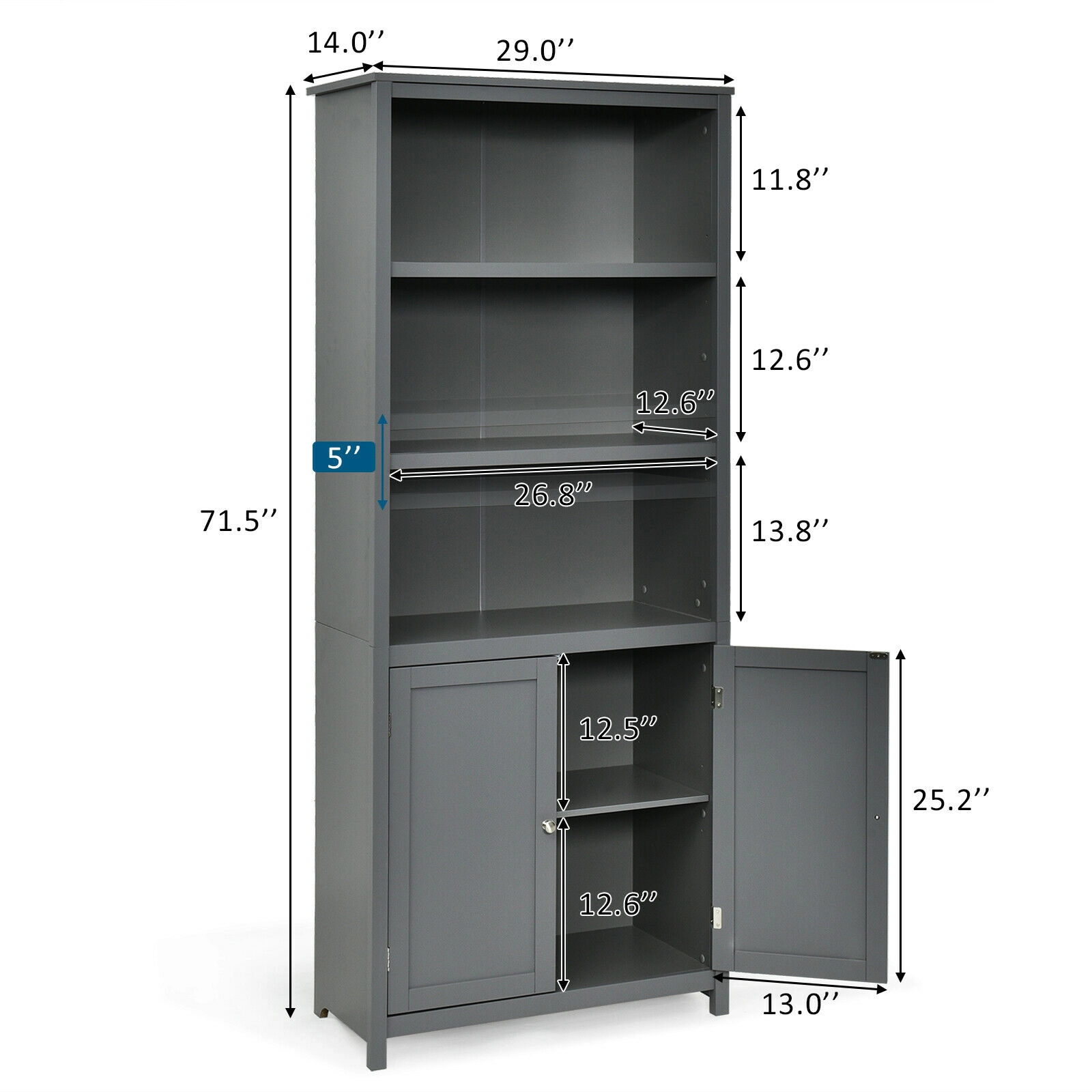 SUGIFT Gray 72 in Bookcase with 3 Open Shelves and Bottom Storage Cabinet