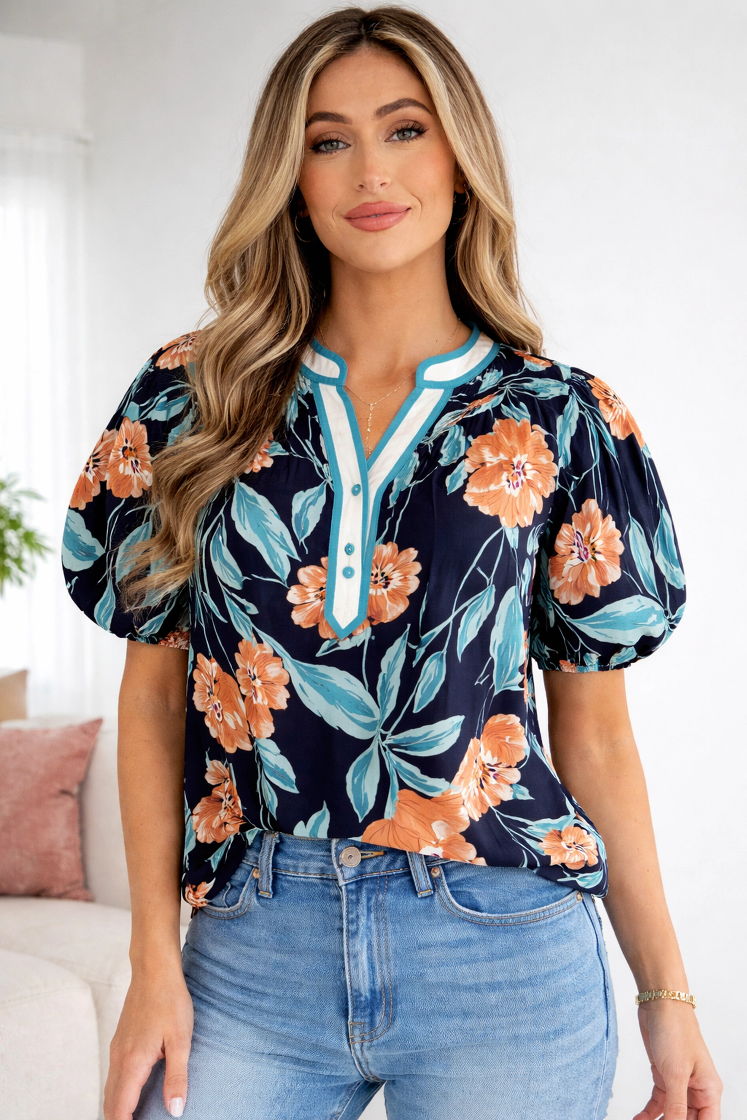 Threaded Pear Women's Ila Bubble Sleeve Notched Blouse