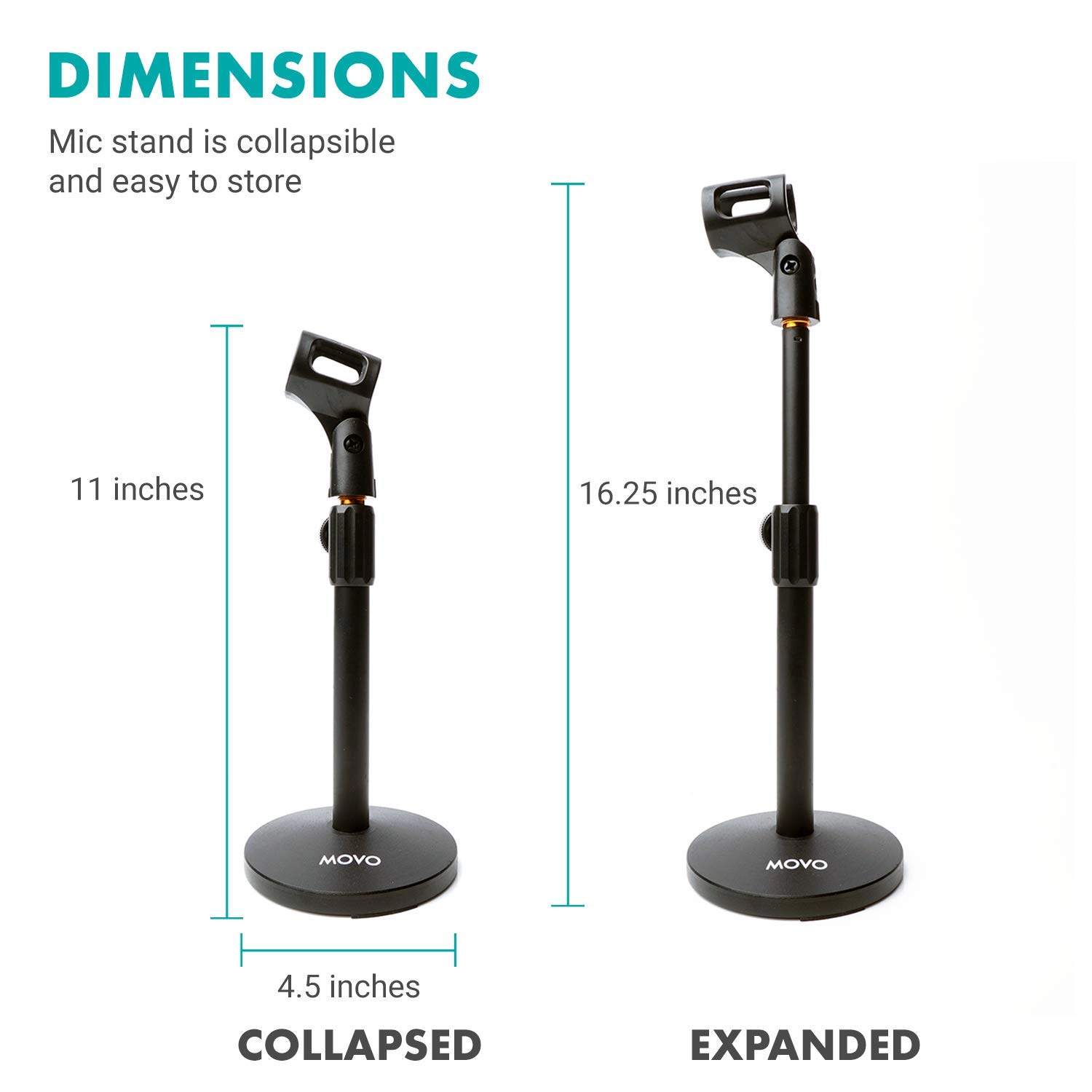 Movo TMC-3 Small Adjustable Table Mic Stand with Round Base and Universal Mic Clip. Table Top Mic Stand Height is