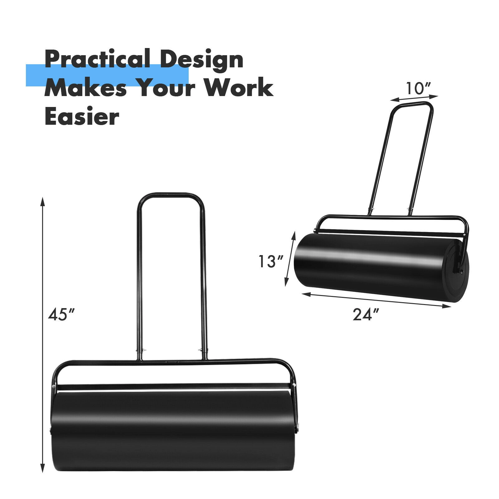 SUGIFT 24 x 13 in Lawn Roller Black Water Filled Steel Push and Tow Roller