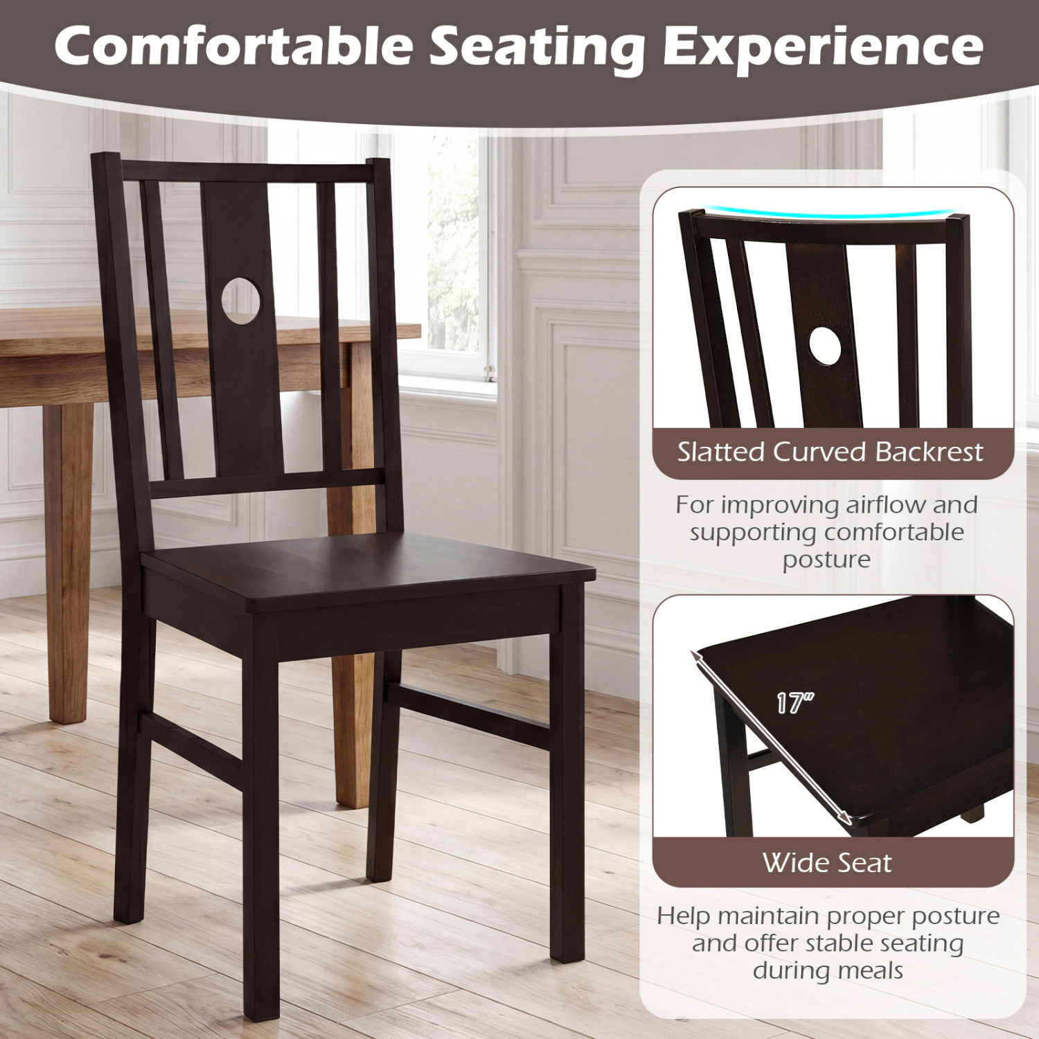 LJG Set of 2 Solid Rubber Wood Kitchen Chairs with Slatted Curved Backrest
