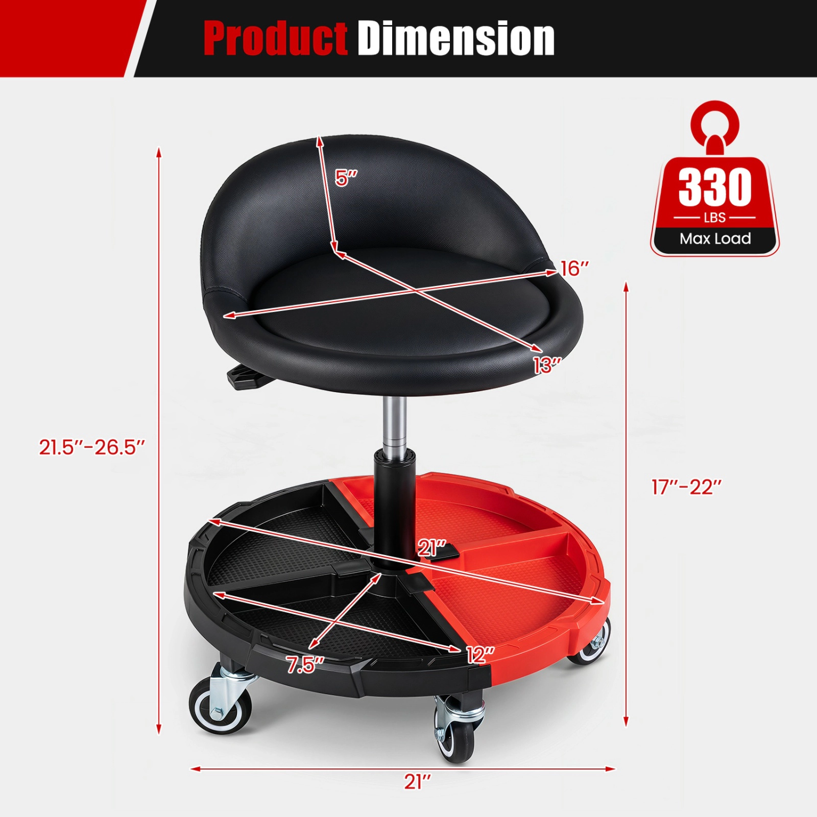 SUGIFT Adjustable 360° Rolling Mechanic Stool Seat with Backrest and Tool Storage Tray 330-lb Capacity Black + Red