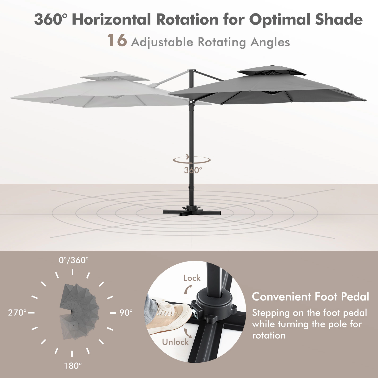 SUGIFT 9.5-ft Gray Offset Cantilever Patio Umbrella with Foot Pedal, 360-Degree Rotation and Vented Double Top