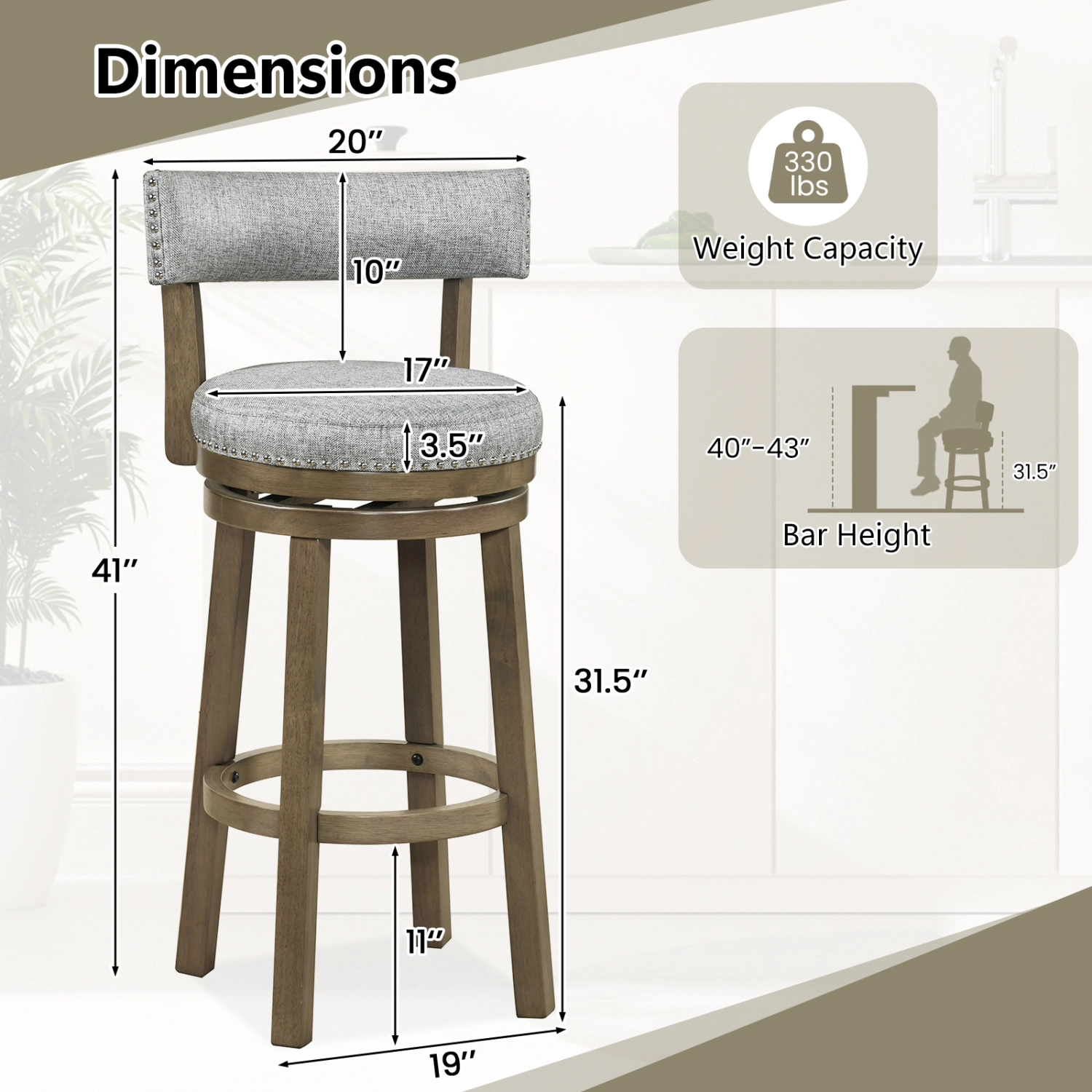 LJG Swivel Bar Stools Set of 2 Linen Fabric Upholstered Barstools with Back-31.5 Inches