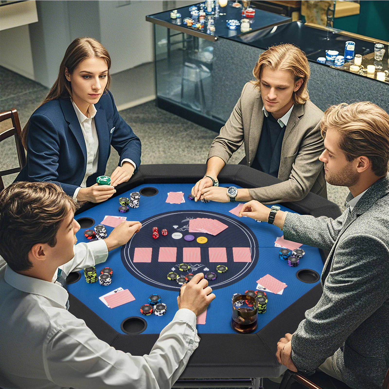 SUGIFT Foldable 48-in Poker Table with Padded Rails and Cup Holders 220-lb Capacity Blue
