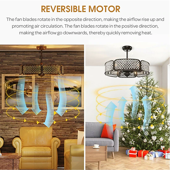 SUGIFT 30-in Caged Ceiling Fan with Light Crystal Lampshade 6-Light 6-Speed Reversible DC Motor Remote Coffee/Golden