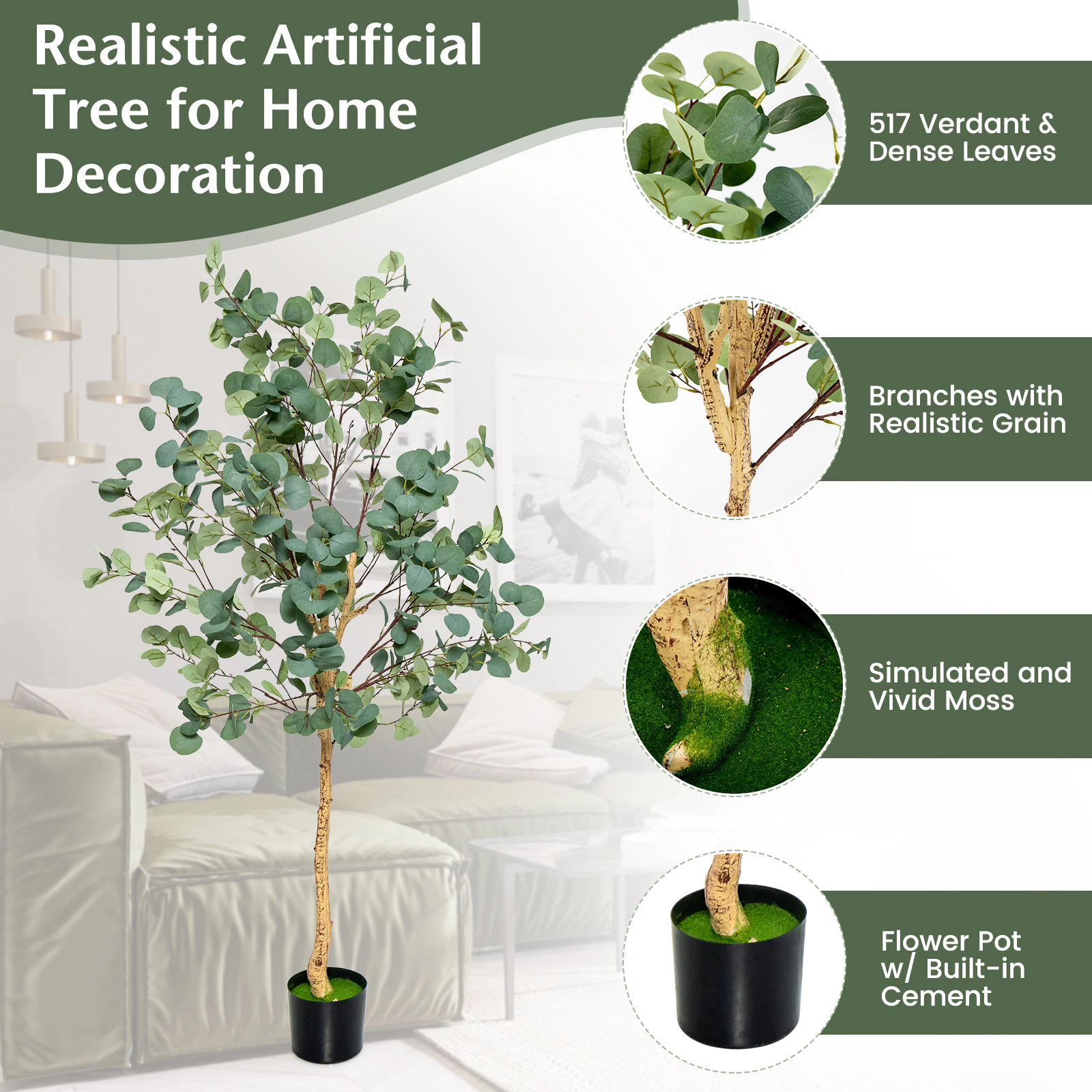 SUGIFT Set of 2 5.5-ft 517 Silver Dollar Leaves 10 Branches Artificial Eucalyptus Trees 6.5-in x 6-in Pot Green