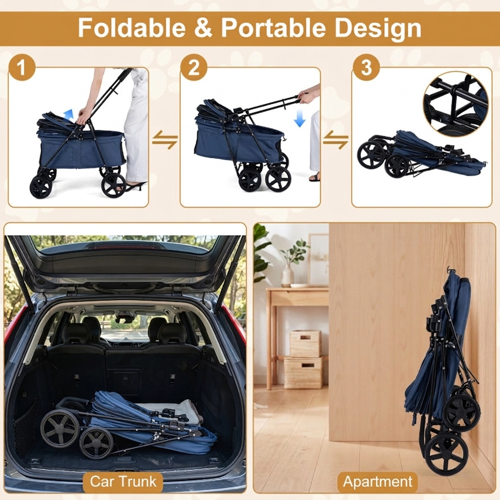 SUGIFT Navy Folding Pet Stroller with Swivel Front Wheels 31.5-in W 22.5-in D 39.5-in H 33-lb Cabin Capacity