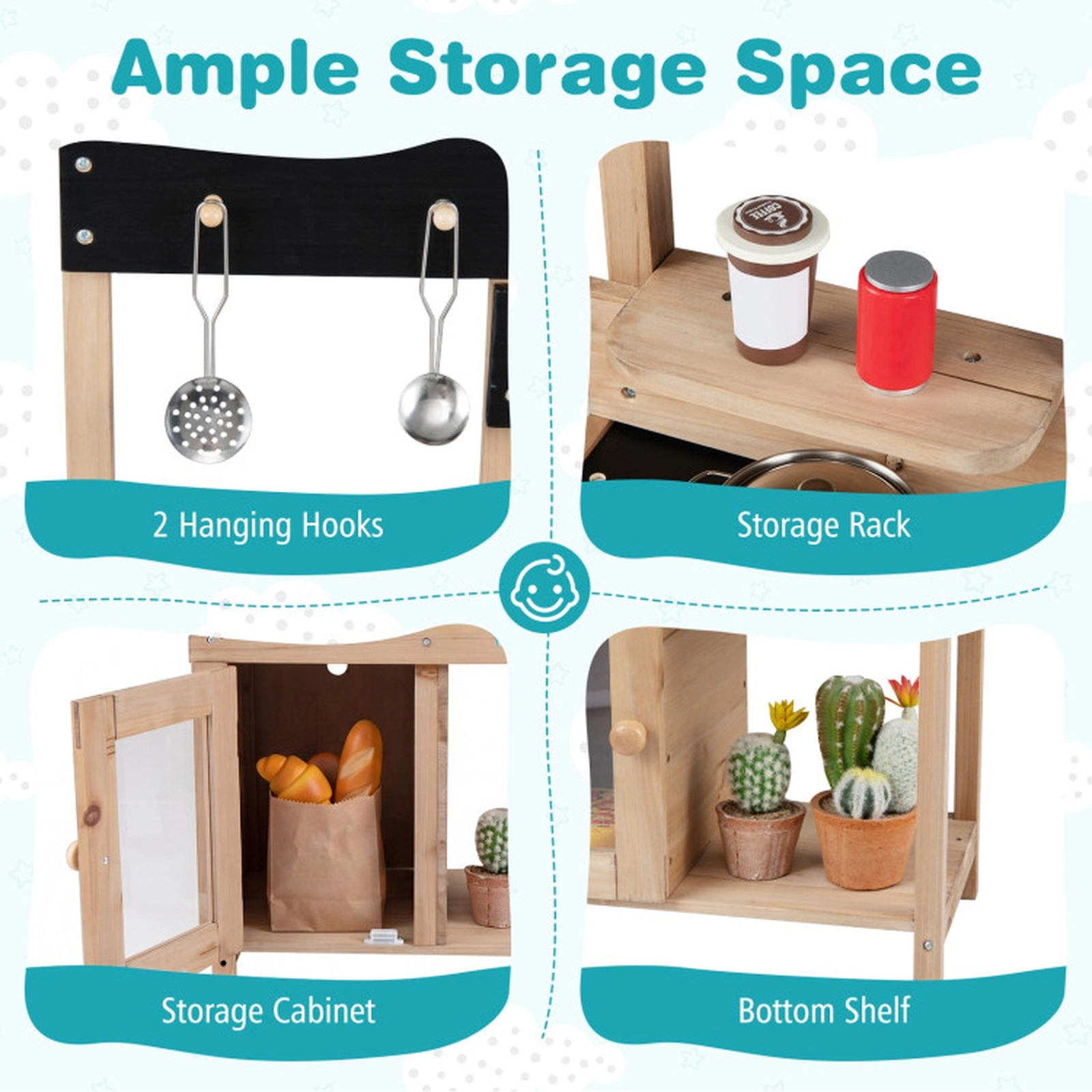 SUGIFT Natural Stove Top Storage Cabinet and Water Circulation Kids Wooden Pretend Play Kitchen