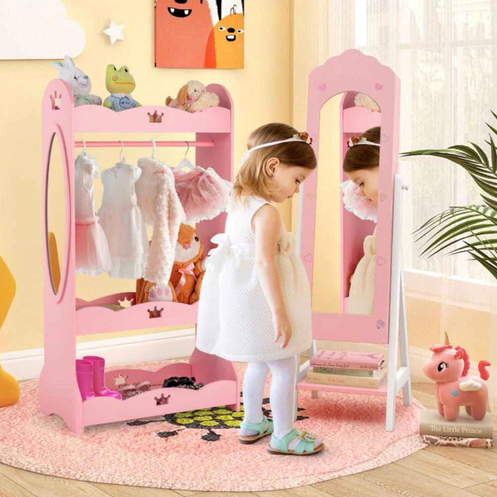 Hivvago 2 Pieces Kids Vanity Set And Jewelry Armoire Cabinet With Full-Length Mirror