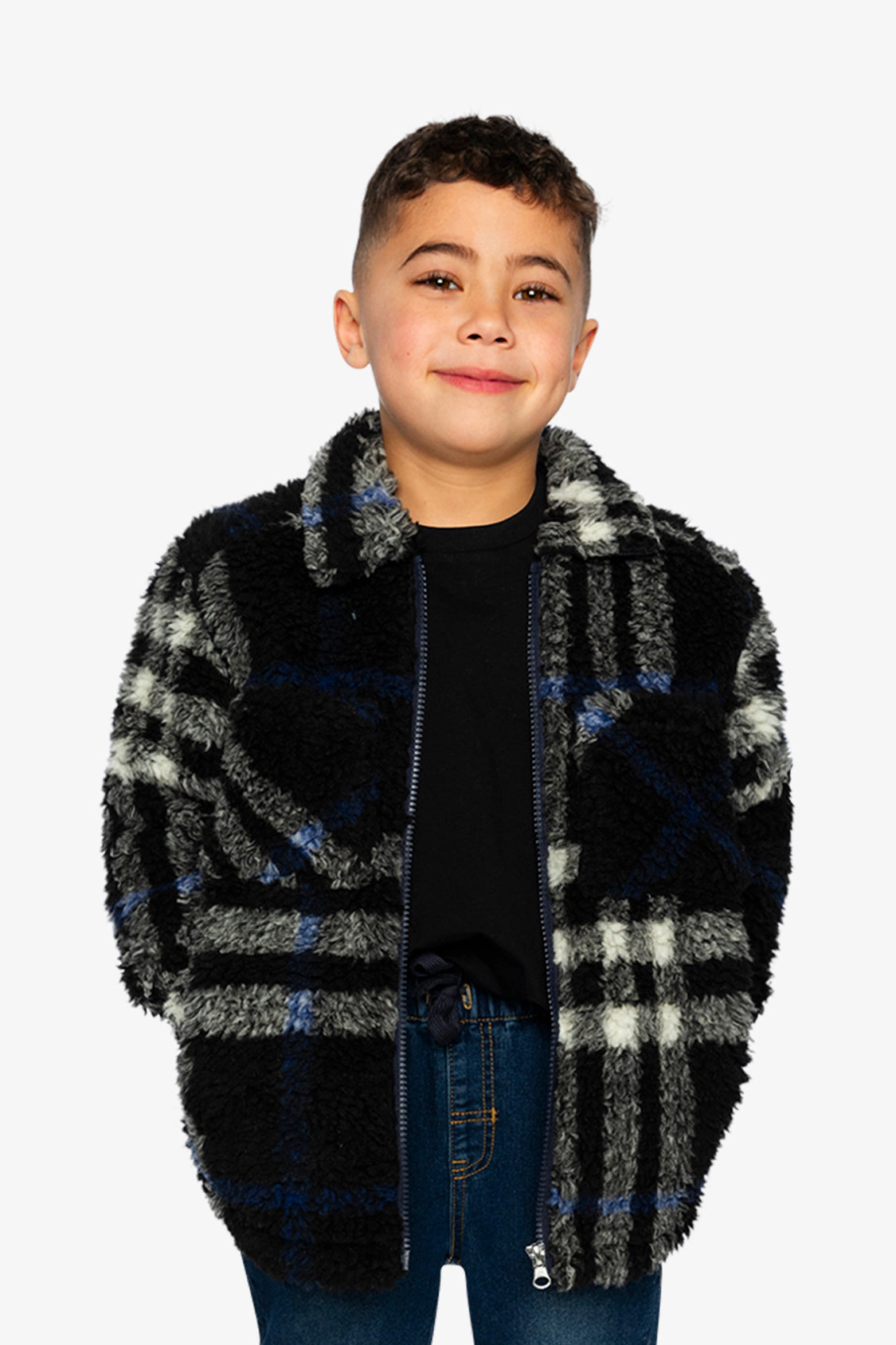 Deux par Boys Plaid Fleece Zipped Overshirt with Chest Pockets
