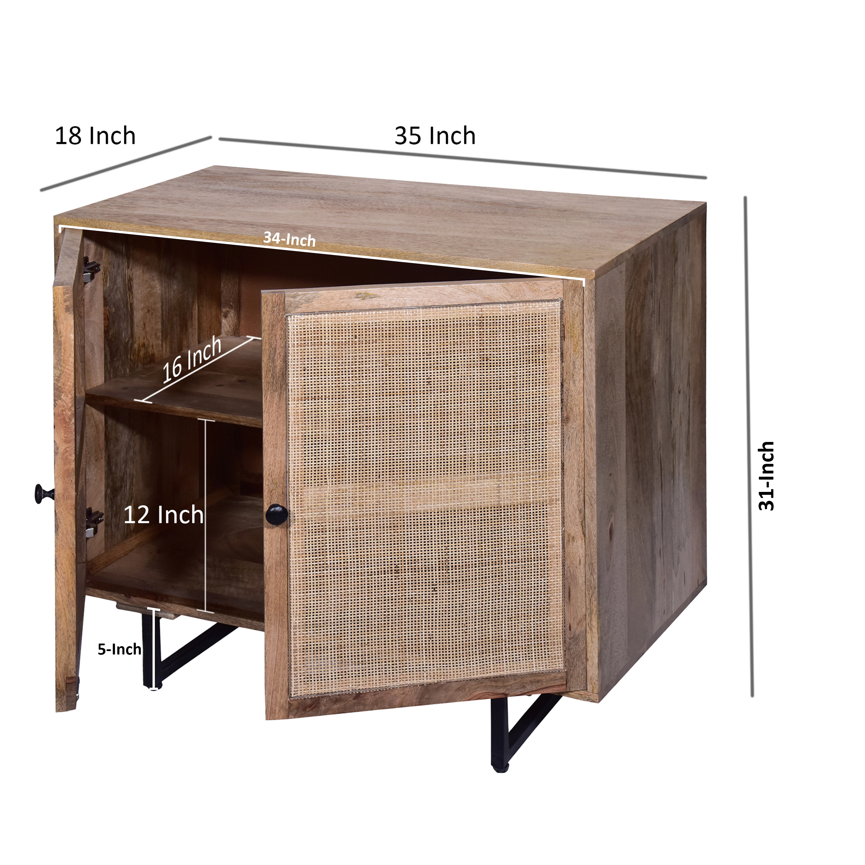 The Urban Port 35 Inch Handcrafted Accent Cabinet with 2 Mesh Rattan Doors, Black Iron Legs, Brown Mango Wood Frame