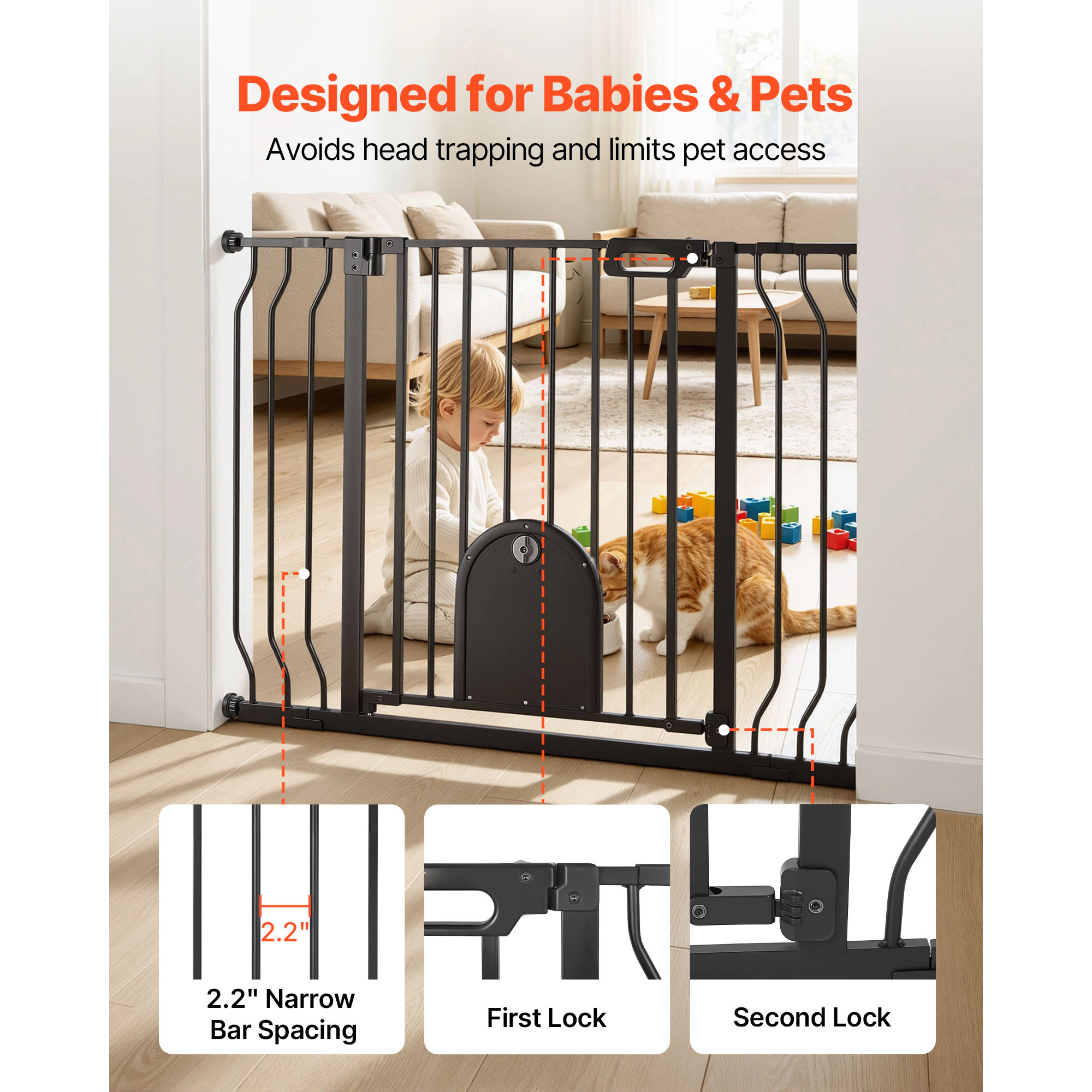 HONGGE Baby Gate for Stairs 29.5-43 in Adjustable Width Baby Gate with Adjustable Cat Door with Pressure Mount Kit and