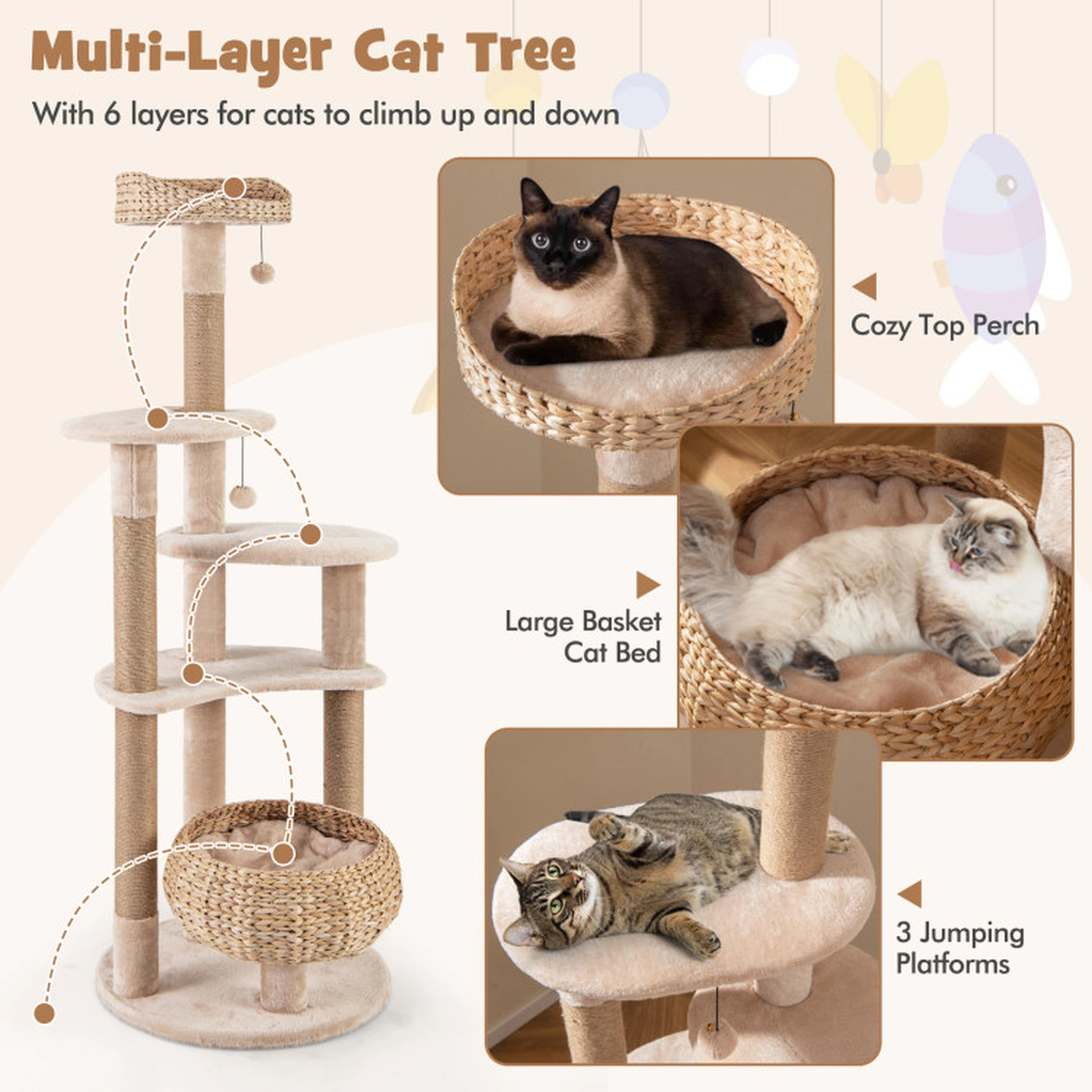 SUGIFT Multi-Level Cat Tree with Top Perch Condo Hammock and Scratching Posts 22-lb Capacity Beige Natural