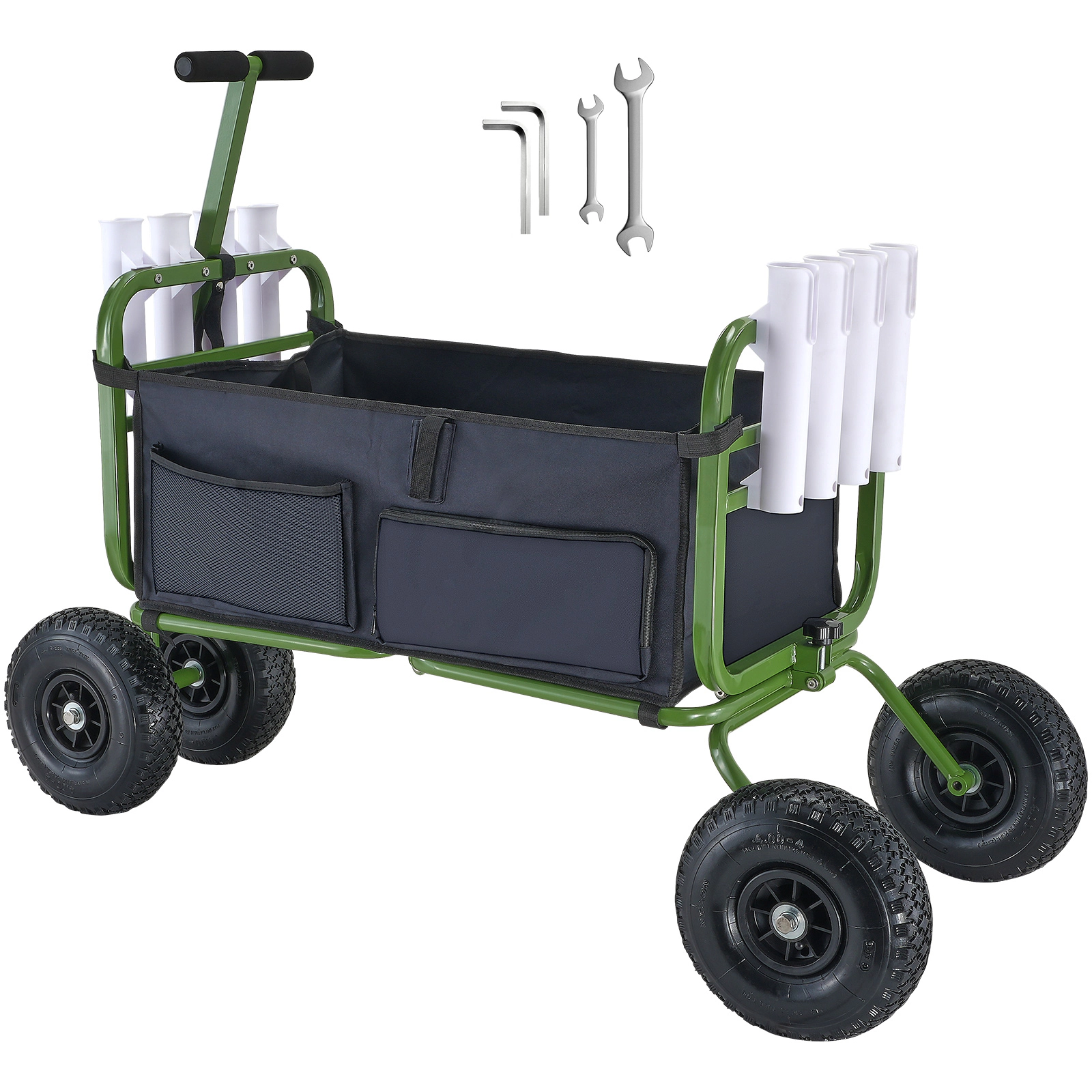 HONGGE Foldable Steel Beach Fishing Cart with Four 11-Inch Wheels, 300 lb Capacity, 8 Rod Holders for Pier Fishing
