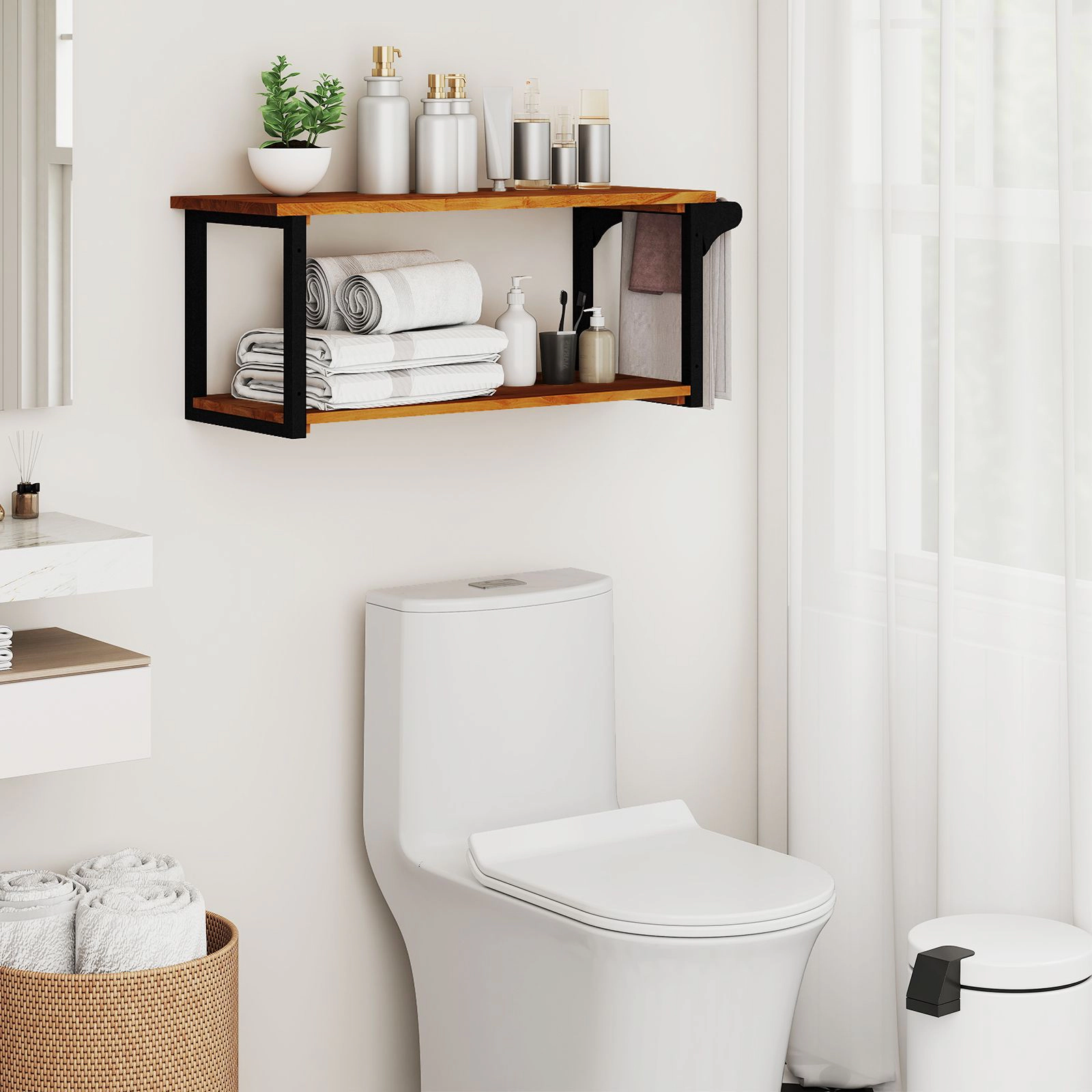 SlickBlue Teak Wood Wall Mounted Shelf with Towel Bar, 2 Tier
