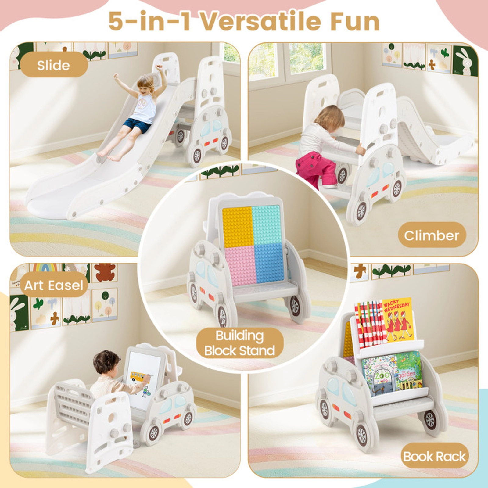 SUGIFT 5-in-1 Convertible Toddler Slide & Climber Set with Kids Art Easel Stool & Book Rack 66-lb Slide Capacity Ages 3+