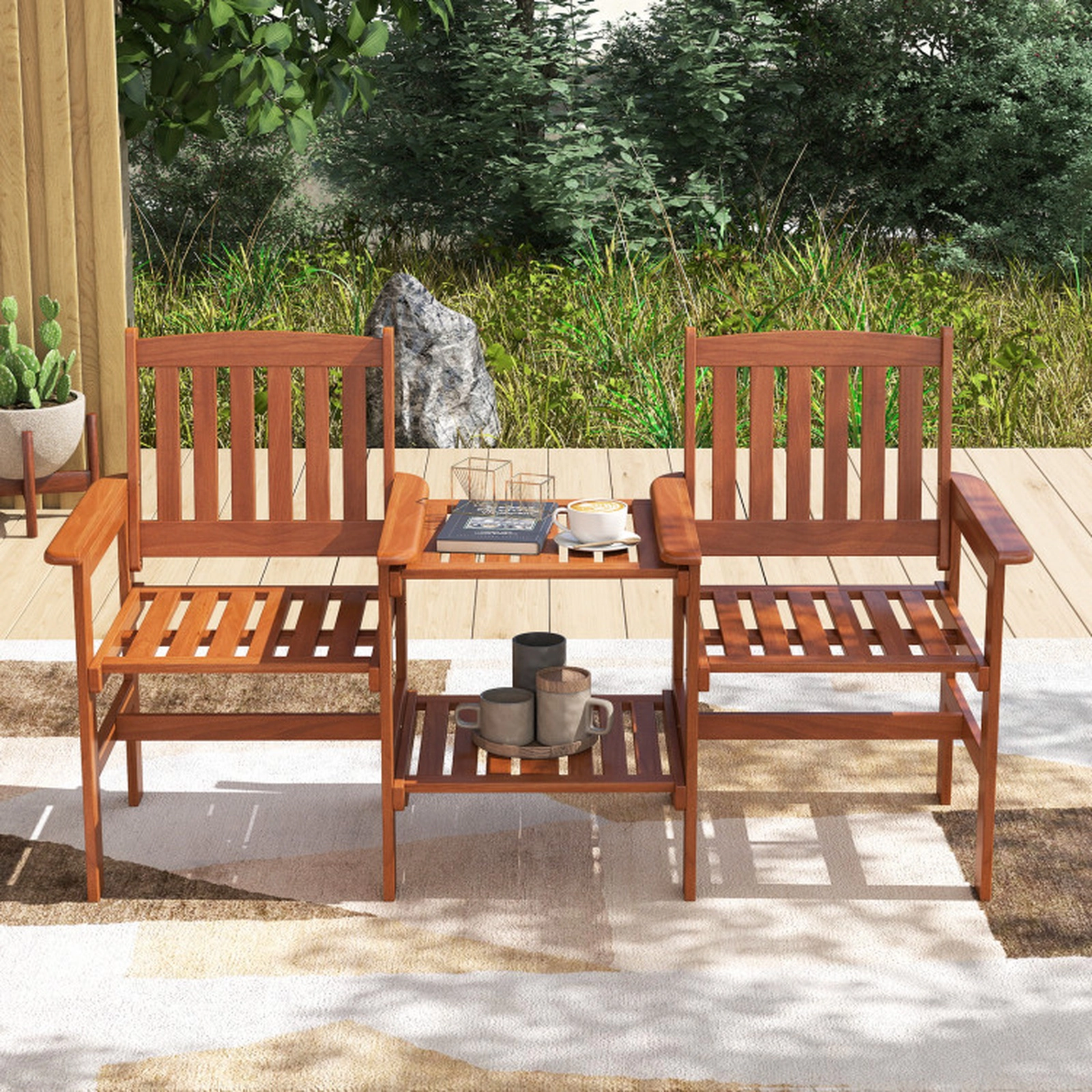 SUGIFT 2-Seater Outdoor Conversation Bench 1.57-in Umbrella Hole 265-lb Chair Capacity 90-lb Shelf Capacity Natural