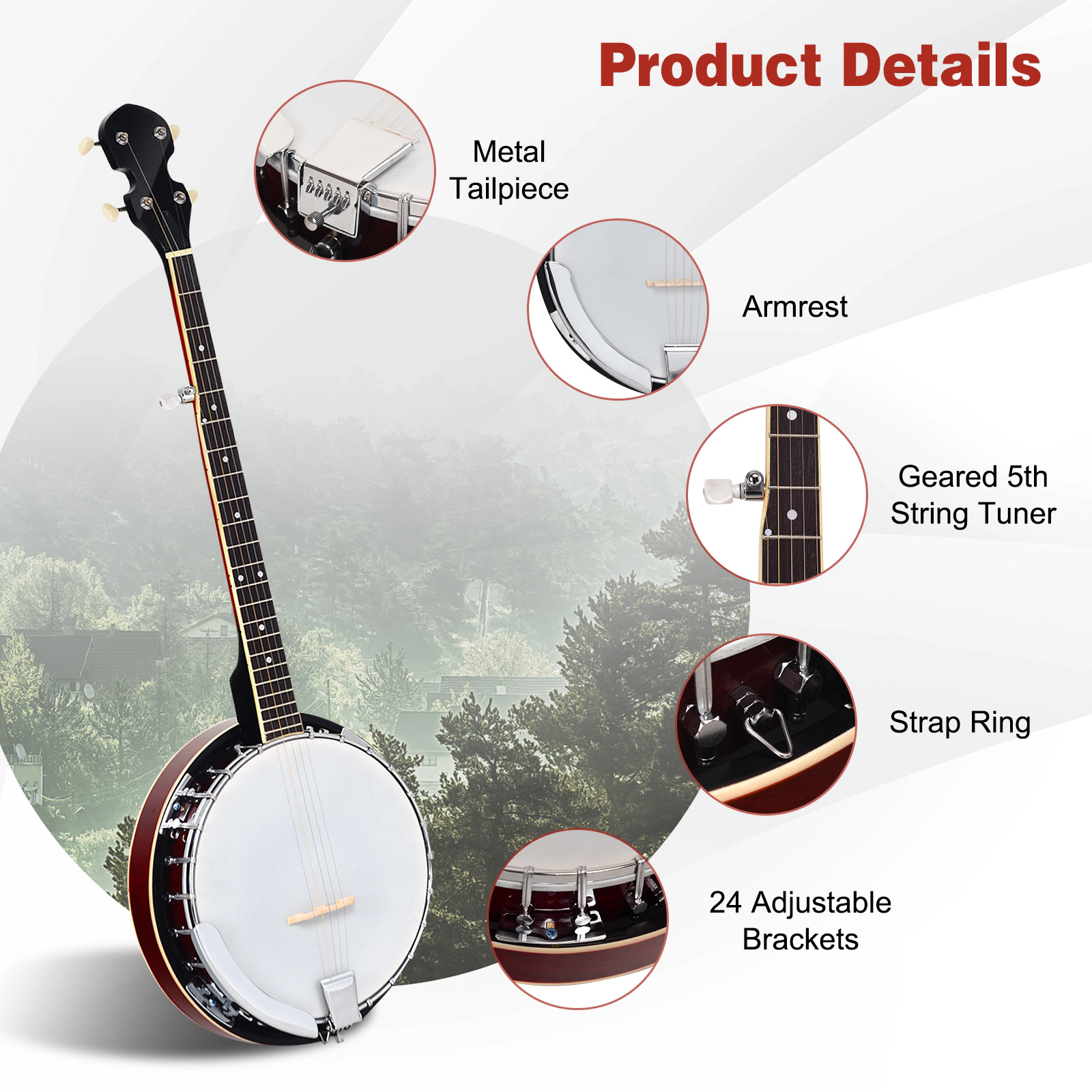 SUGIFT Unisex Brown 5-String Geared Tunable Banjo with Rosewood Fingerboard and Case 13.5-in W 4-in D 39-in H