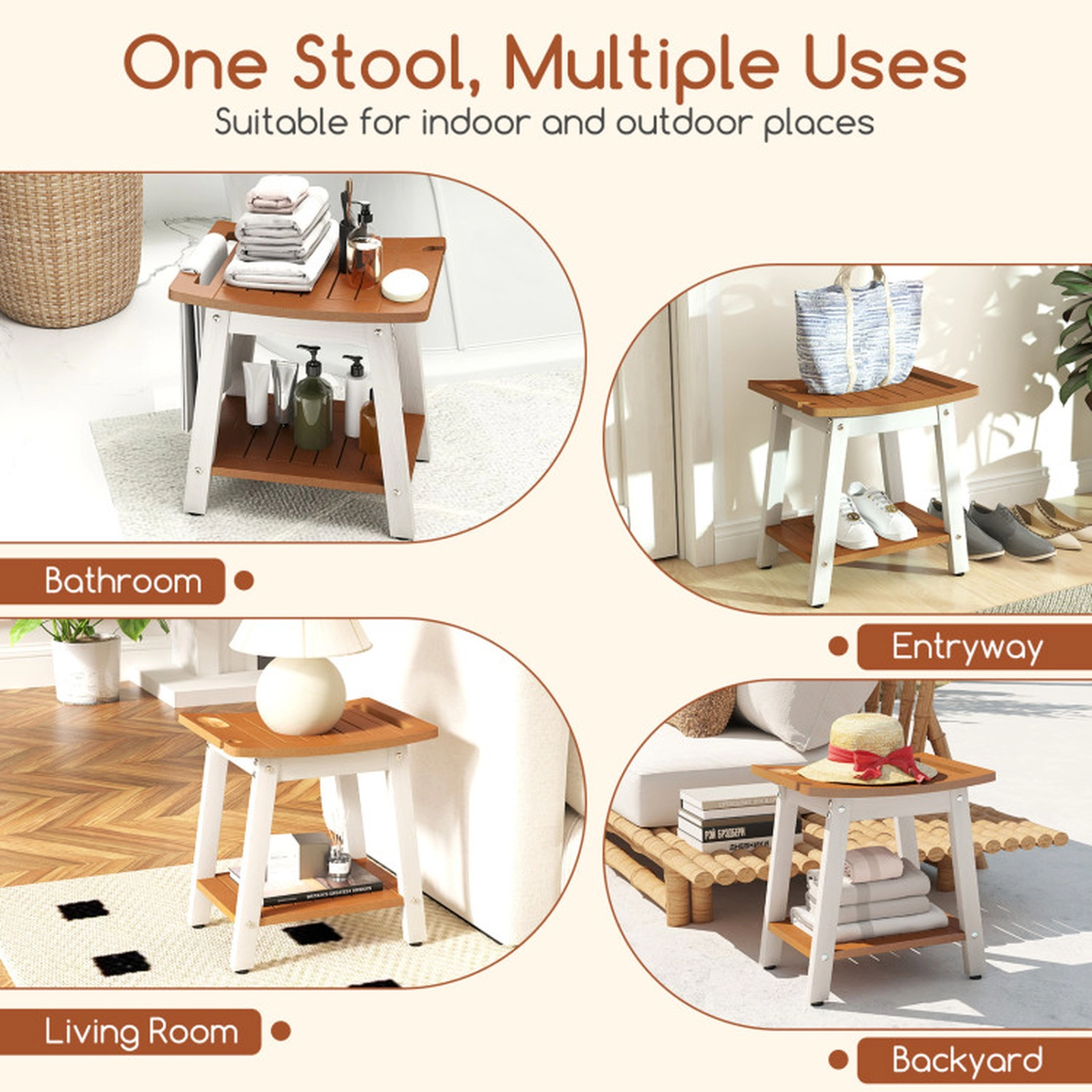 SUGIFT Sprayer Holder Storage Shelf White Legs Polystyrene Shower Bench 16-in x 12.5-in x 17-in 330-lb Capacity Brown