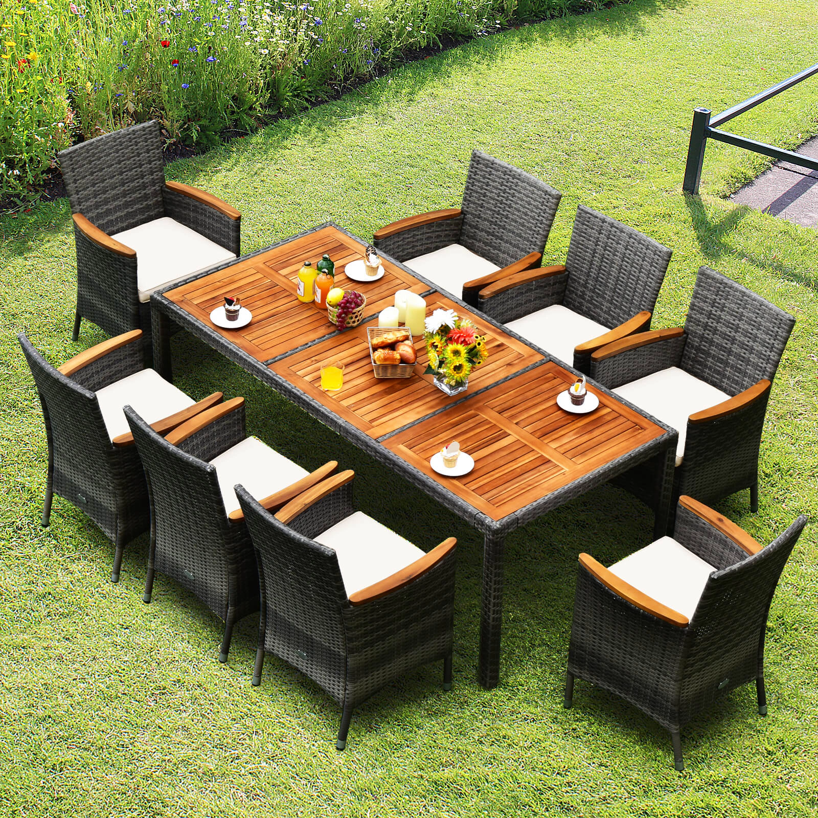 SUGIFT Gray 75 Inch Acacia Wood Table and 8 Cushioned Chairs 9-Piece Rattan Patio Dining Set