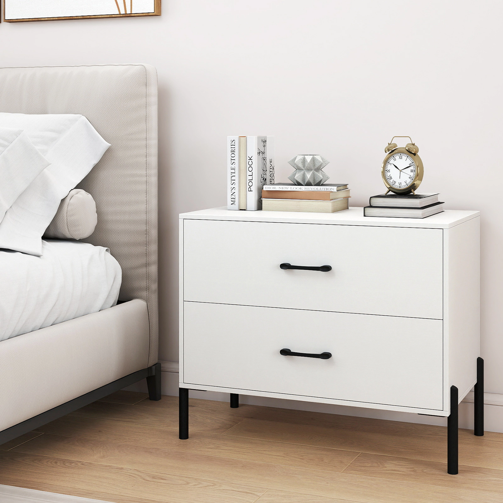 Glintex 2-Piece 2-Drawer Dresser Set with Metal Legs and 2 Anti-Tipping Kits, White