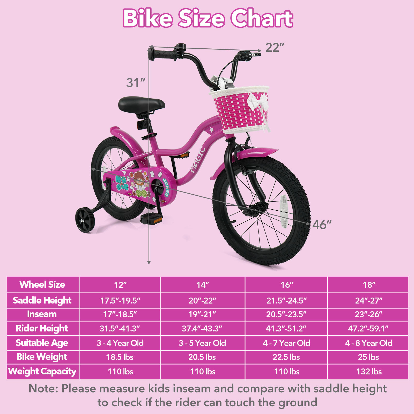 SUGIFT 12-in Rose Kids Bike with Detachable Training Wheels and Adjustable Saddle 110-lb Seat Capacity