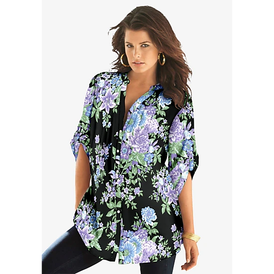 Roaman's Women's Plus Size Pintuck Tunic Blouse – Y-Neck & Roll-Tab ...