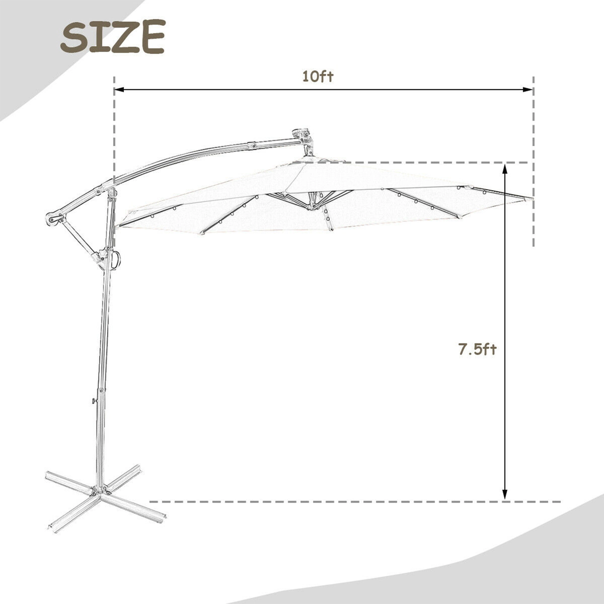 SUGIFT 10-ft Tan Offset Hanging Patio Umbrella with 8 Ribs Vented Canopy and Solar LED Lighting for Pool