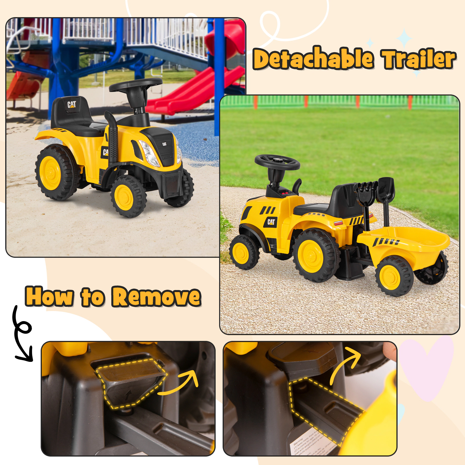 Kids Ride On Tractor Detachable Trailer LED Lights Horn 36.5-in No-Power Toddlers 1.5-3 55-lb Seat Capacity Yellow