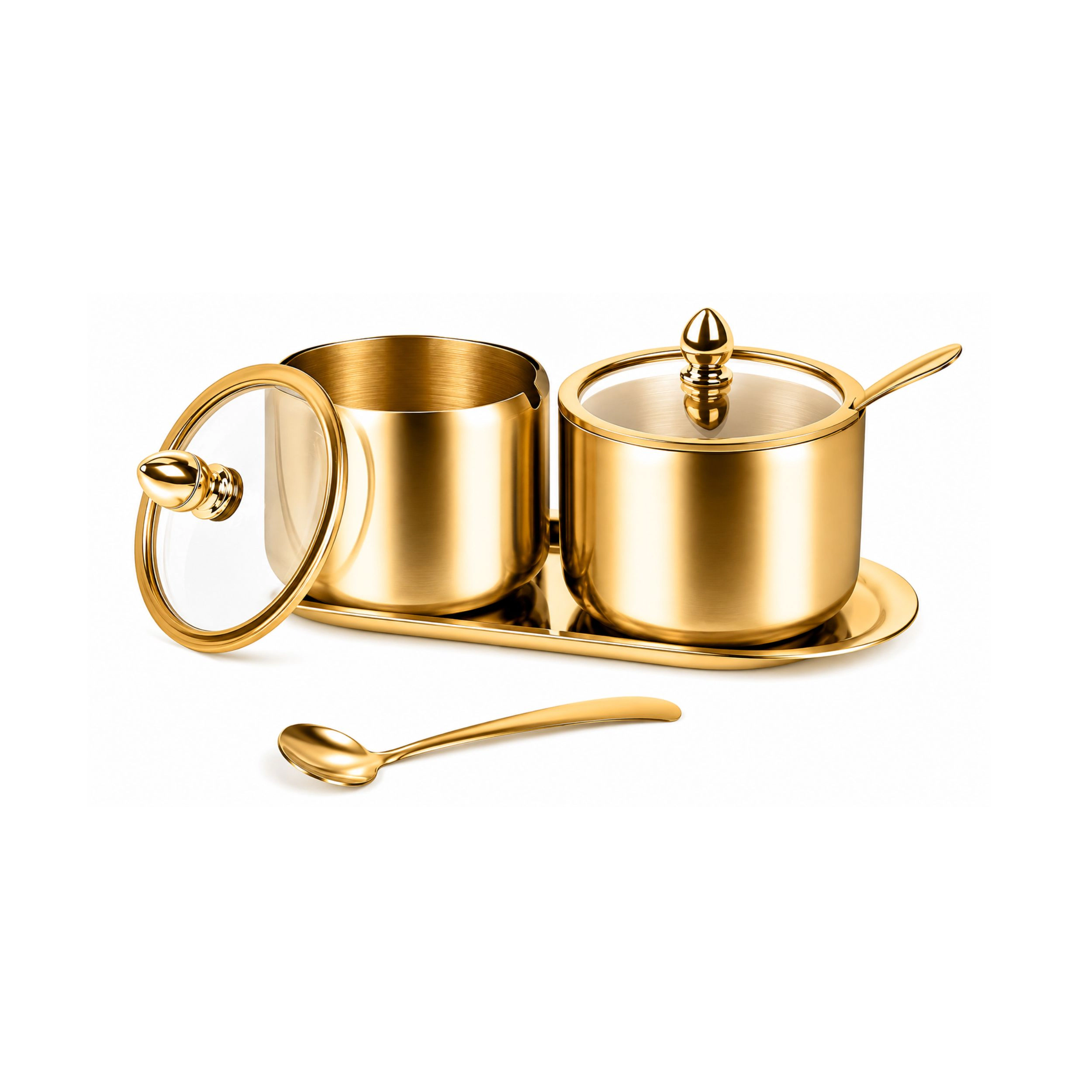 Stock Preferred Pack of 2 Coffee and Sugar Dispenser Set with Tray Glass Lids Spoons 10 oz