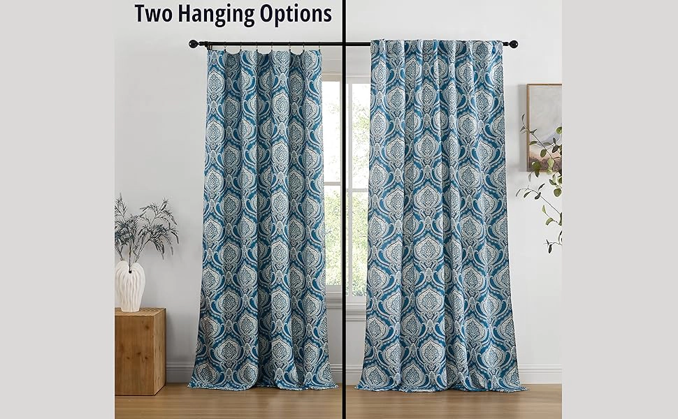 HLC.ME Messina Paisley Damask Patterned Back Tab Rod Pocket Curtains - Light Blocking Darkening Window Panels, Set of 2