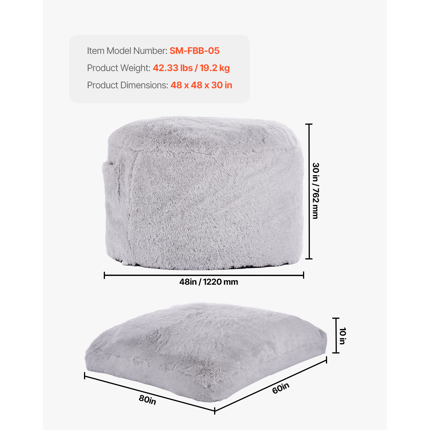 HONGGE Queen Size Convertible Bean Bag Chair Bed, Memory Foam Fill, Washable Cover & Side Pocket, Grey