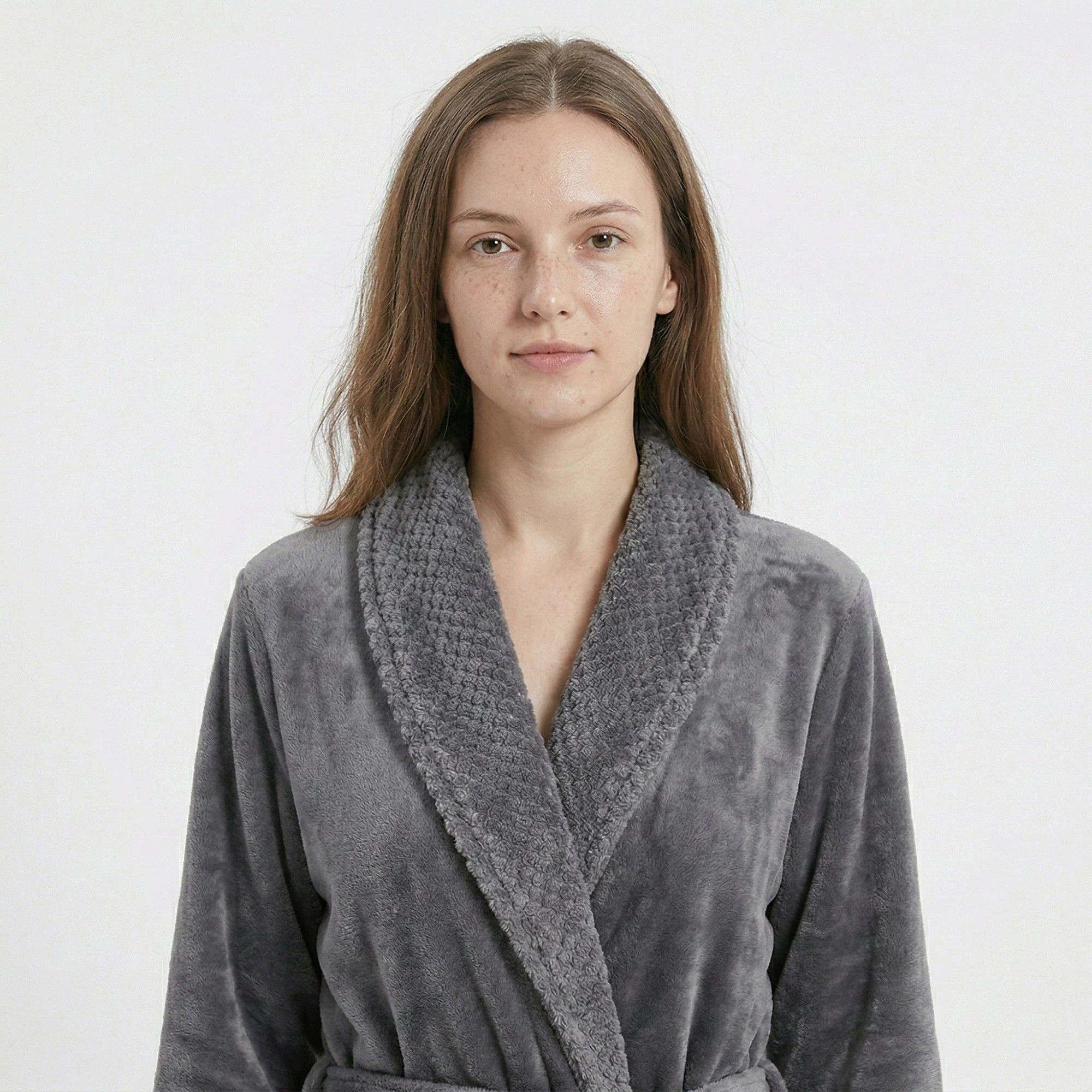 Anna-Kaci Women's Plush Long Sleeve Shawl Collar Bathrobe with Waist Tie Belt and Front Patch Pockets