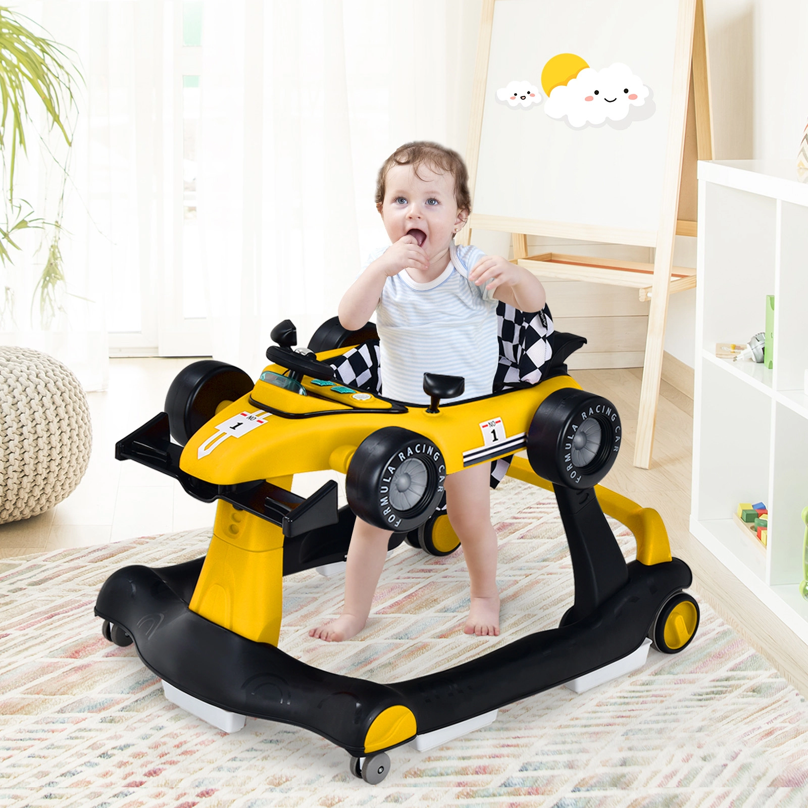 4-in-1 Foldable Activity Push Walker with Steering Wheel Shifter 2 Rearview Mirrors Music and Lights in Yellow