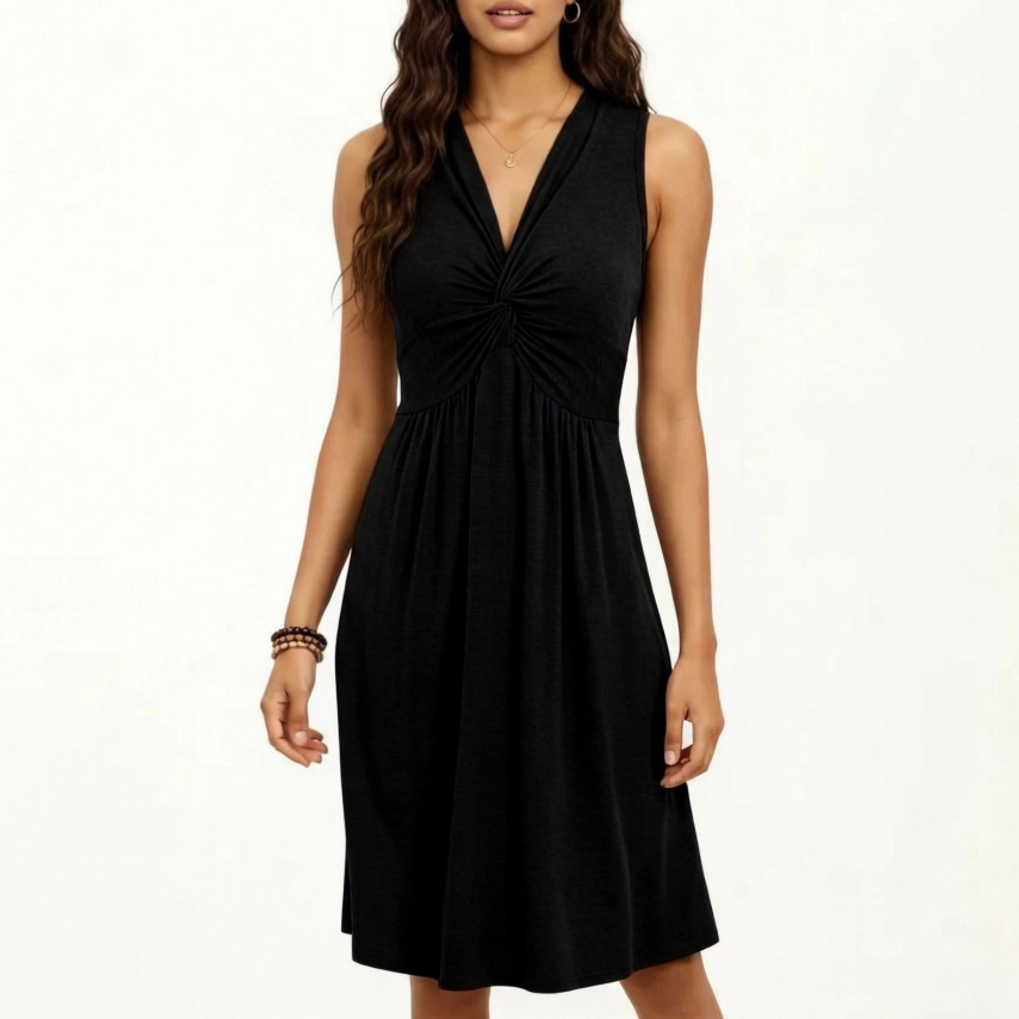 Anna-Kaci Women's Sleeveless V Neck Front Twist Detail Flowy A Line Silhouette Midi Dress