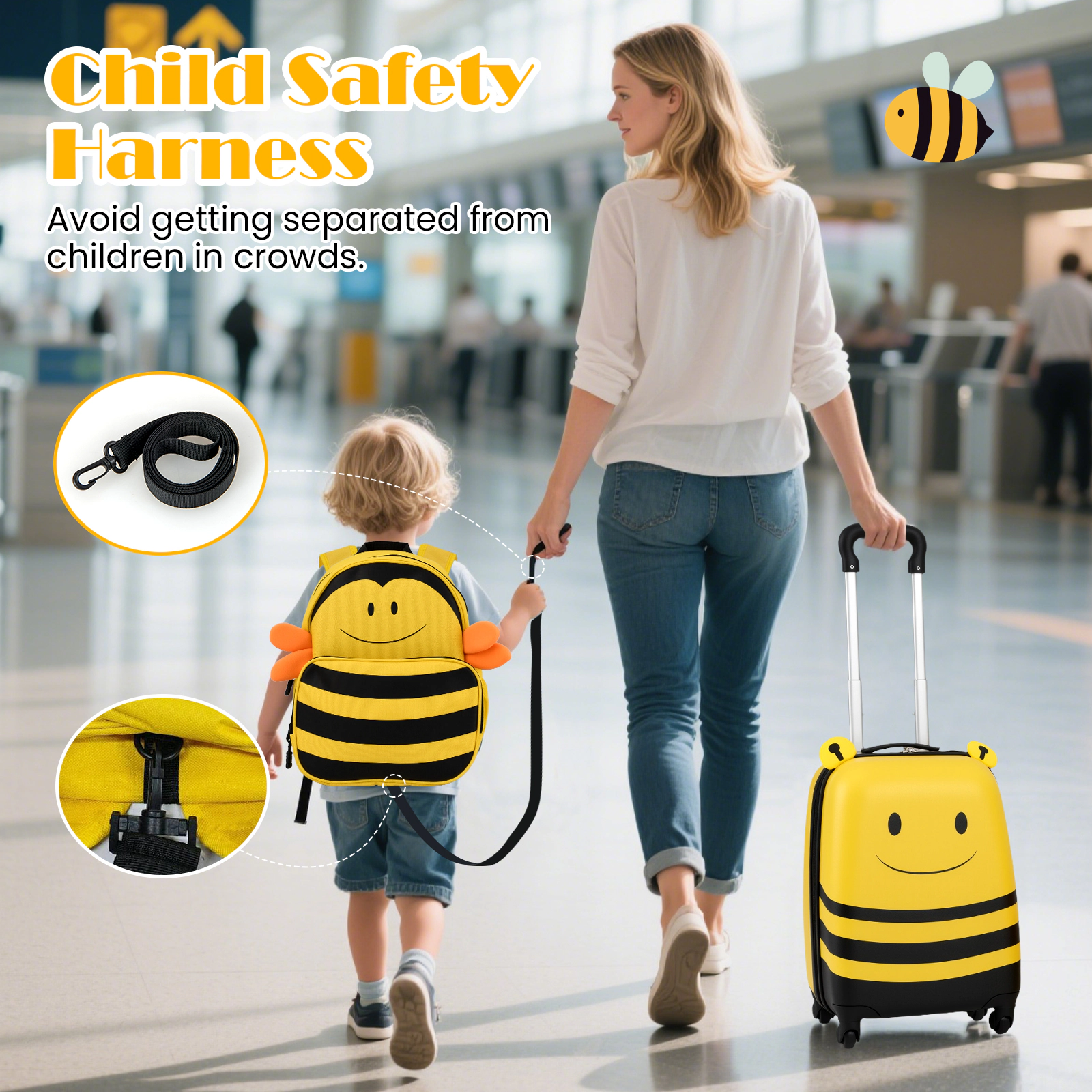 SUGIFT Kids 2-Piece Anti-Lose Rope Retractable Rod 2-Level Suitcase Backpack Luggage Set 4 Wheels Ages 3+ Yellow