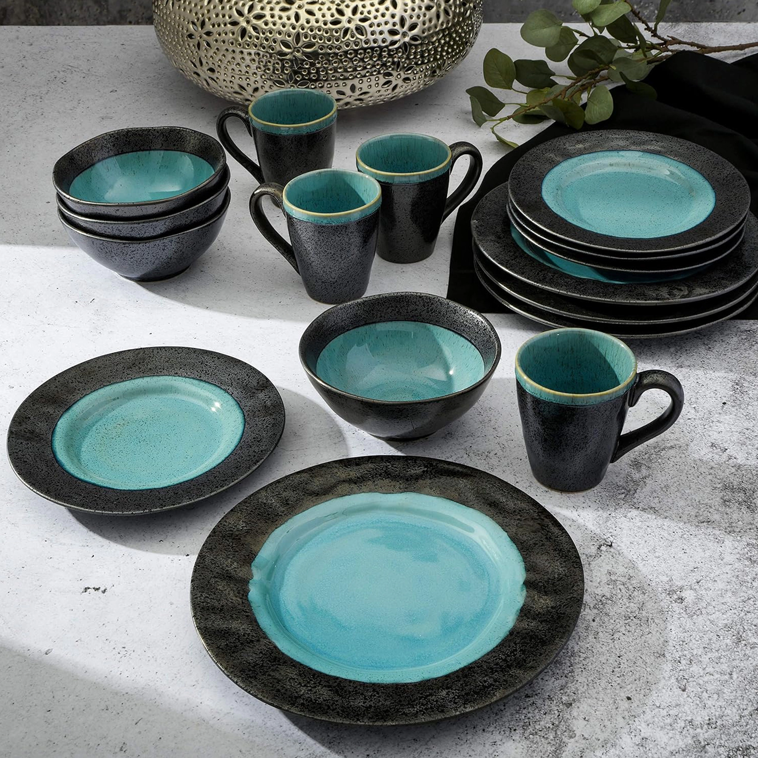 Gibson Elite Dragonstone 16 Piece Stoneware Reactive Glaze Dinnerware Set in Aqua