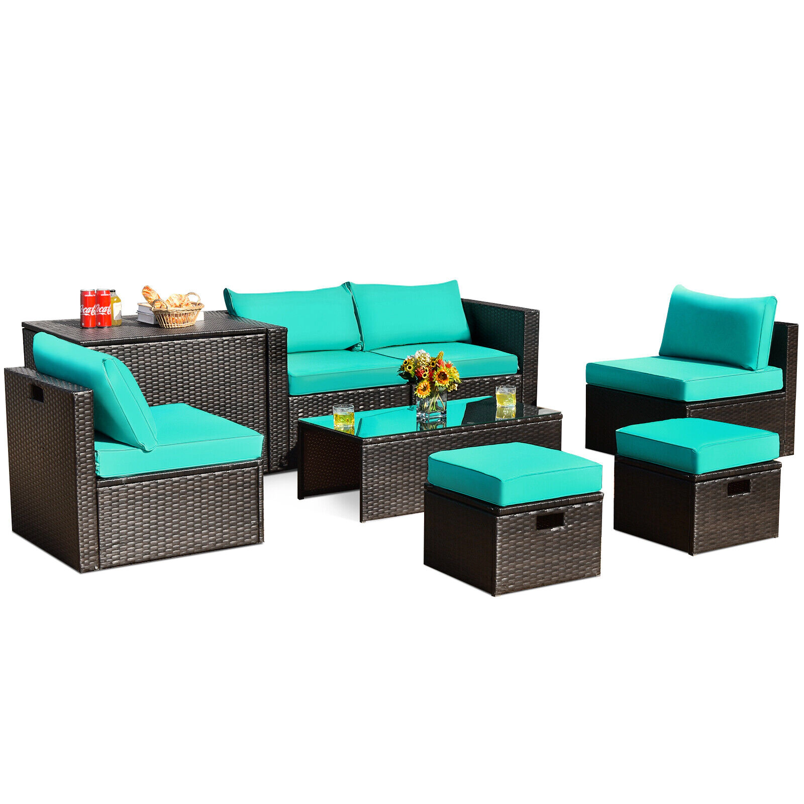 SUGIFT 8-Piece Turquoise Rattan Patio Lounge Set with Storage Box and Waterproof Cover