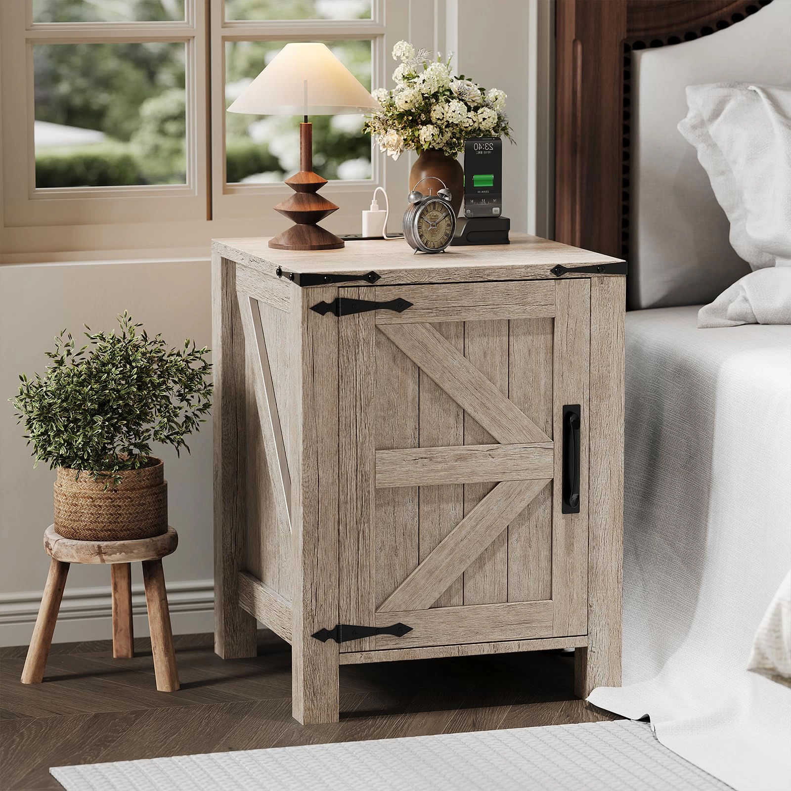 BebreezChic Set of 2 with USB Charging Station, Rustic Bedside Table with Sliding Barn Door and Adjustable Shelf
