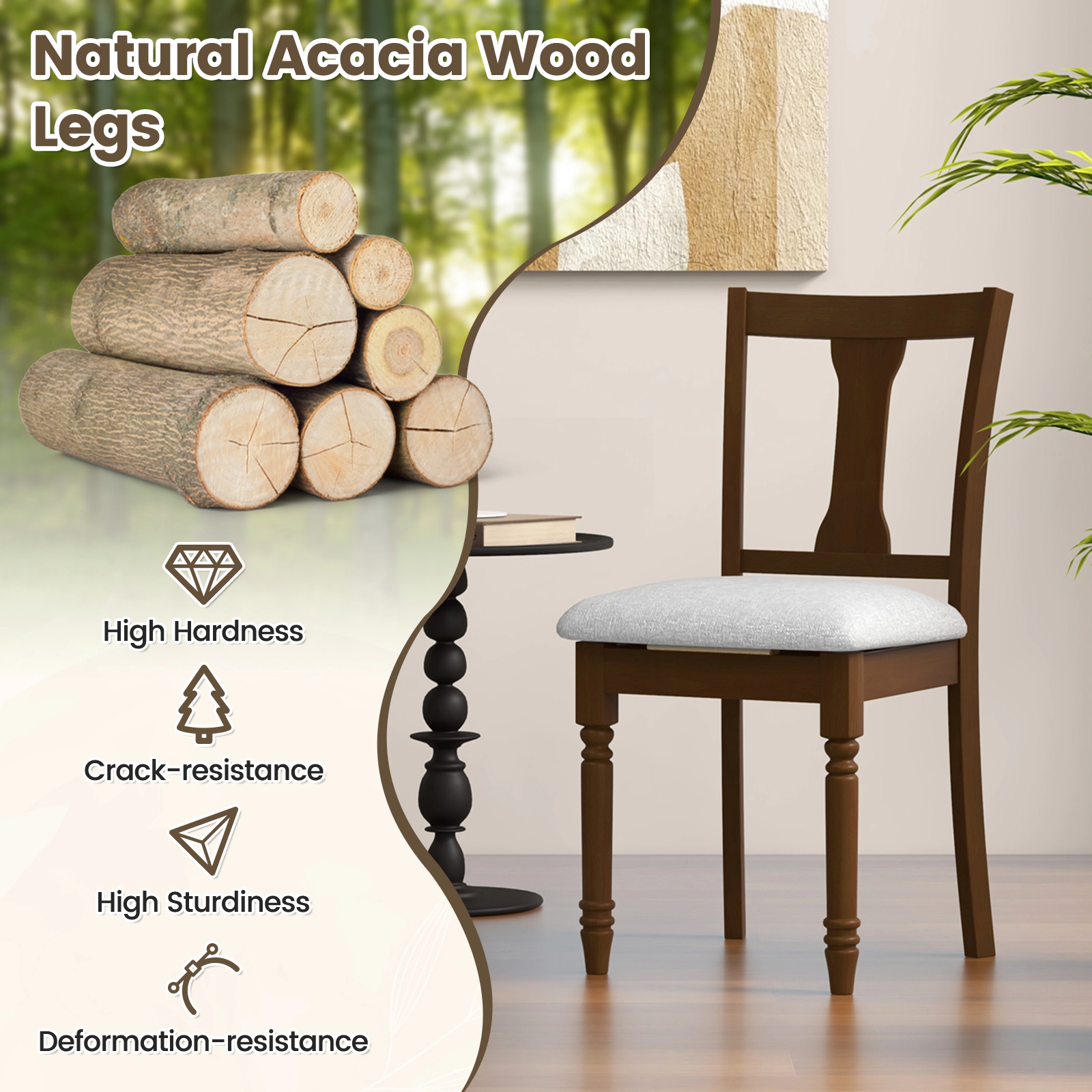 SUGIFT Set of 2 Linen Fabric Kitchen Dining Chairs with Flip-Up Storage 350-lb Capacity Brown