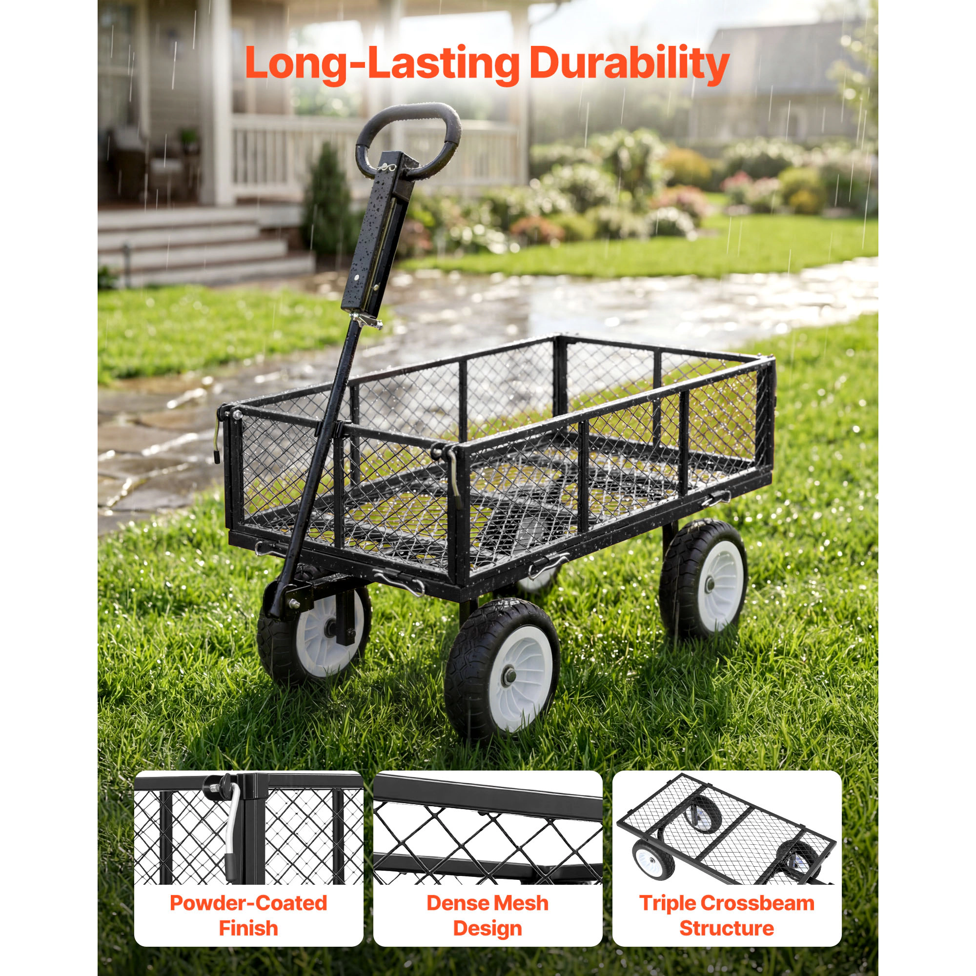 HONGGE Garden Cart 900 LBS Heavy Duty Steel Yard and Utility Wagon with 10-Inch Tires Outdoor Gardening Stool