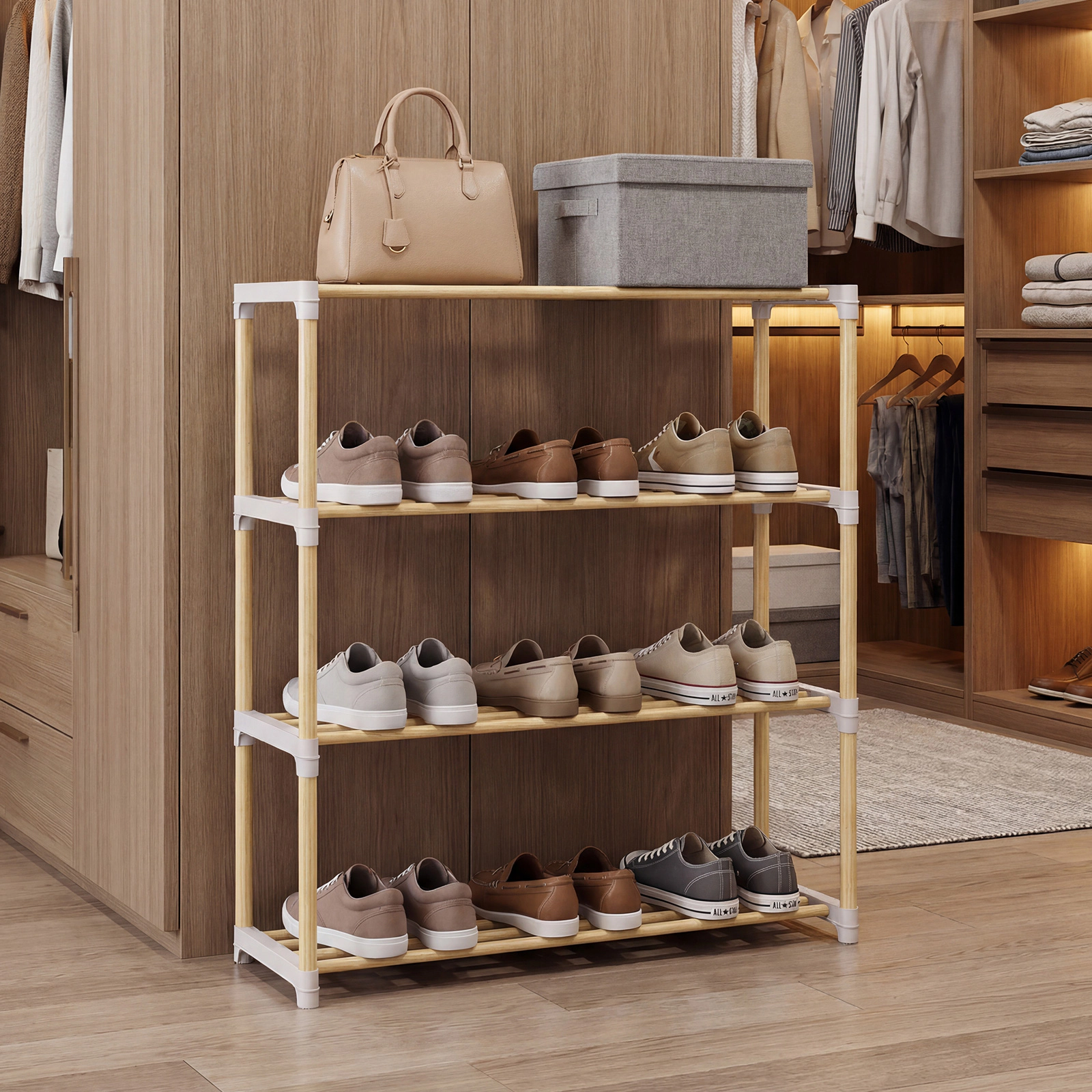 SUGIFT 4-Tier Solid Wood Shoe Rack Natural with Slatted Open Shelves