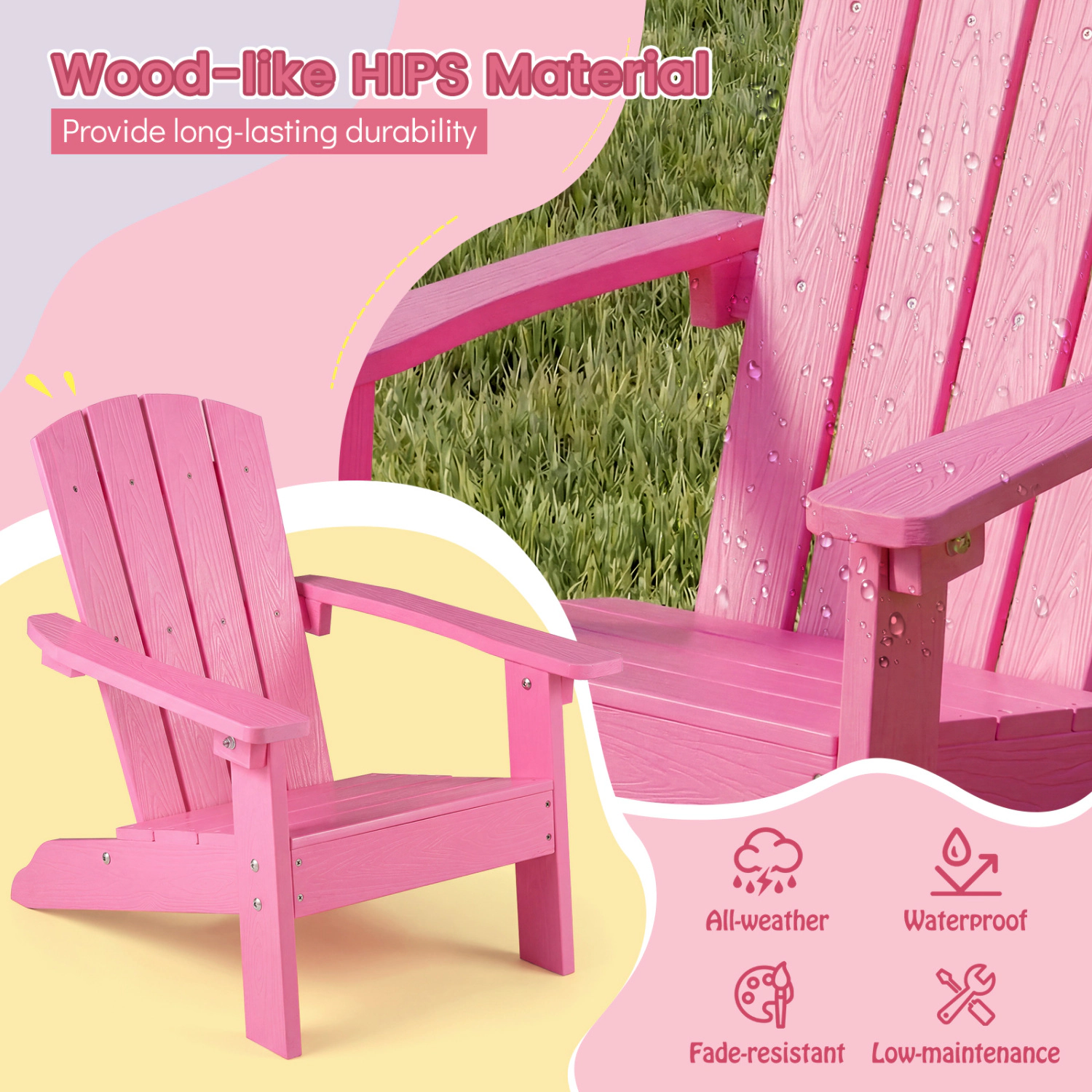 SlickBlue Kids Pink Outdoor Lounge Chair, Wooden Kids Patio Chair