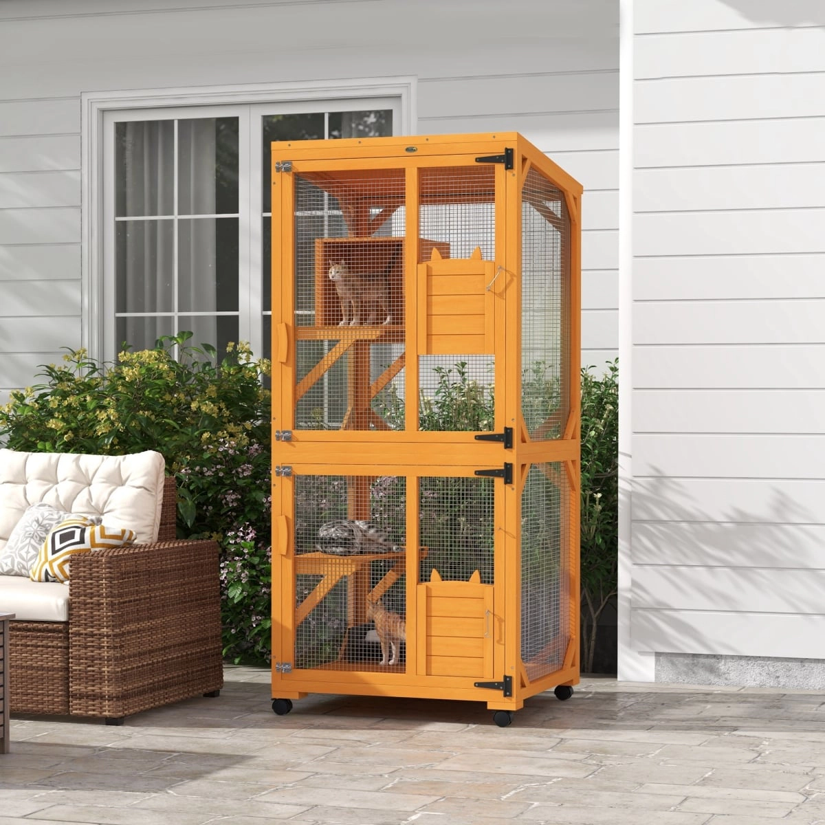 212 Main Paw Hut Wooden Cat House for 1-3 Cats Catio Enclosure on Wheels - Orange