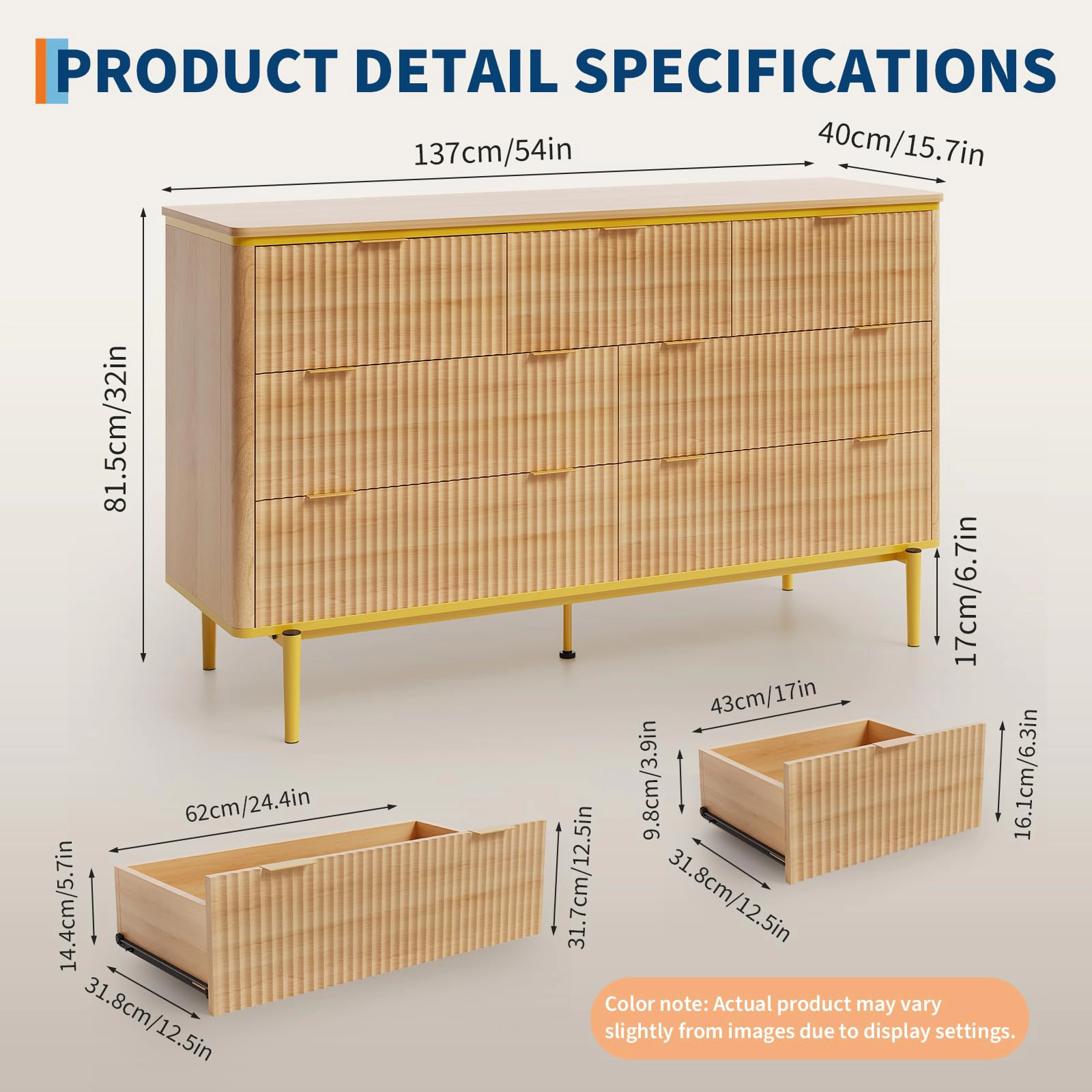Fluted 7 Drawer Dresser with Gold Handles Curved Profile Design, 54" Wide Modern Wood Storage Cabinet & TV Stand